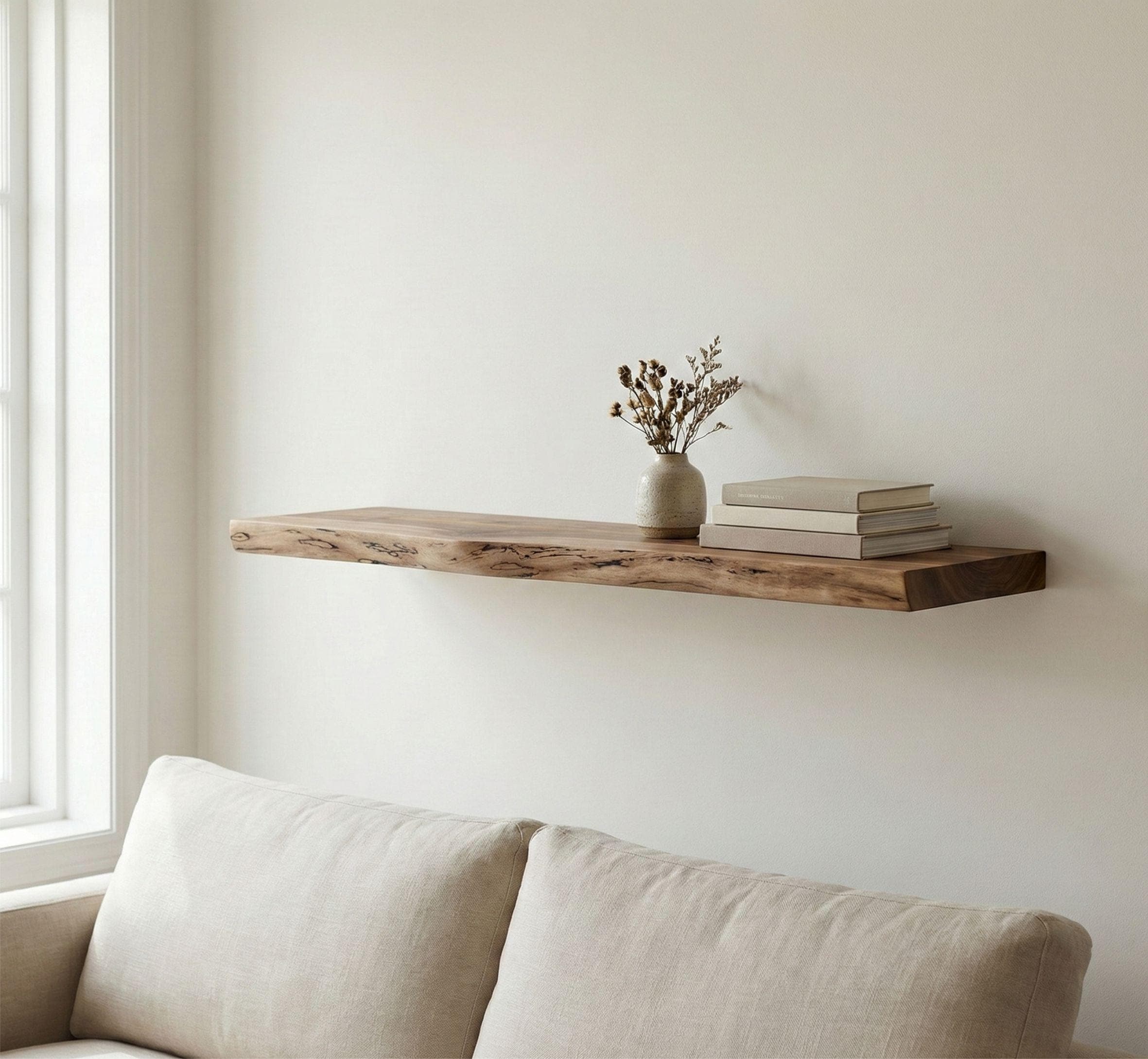 Handcrafted Walnut Live Edge Floating Shelf, Rustic Wood
