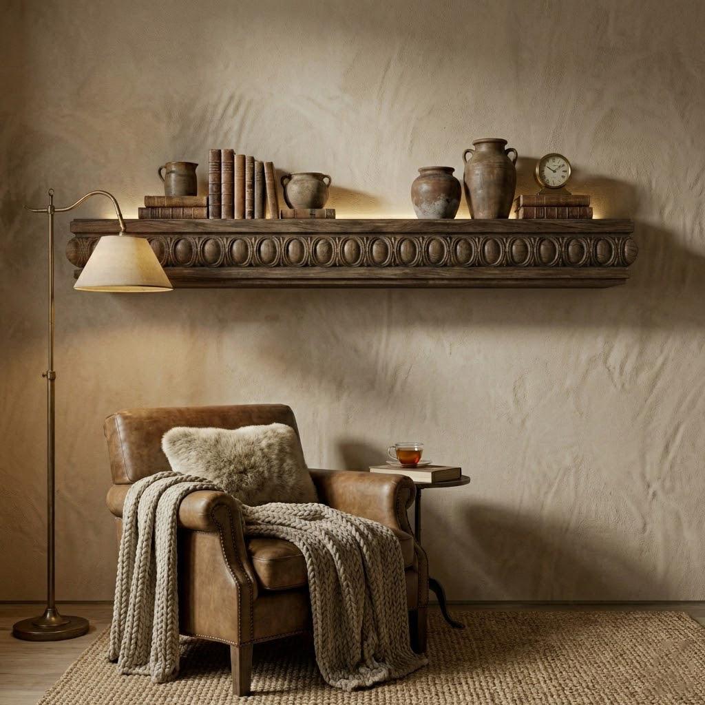 Fireplace Mantel, Floating Shelf, Hand Carved Solid Wood in Dark Walnut, Custom Length 3