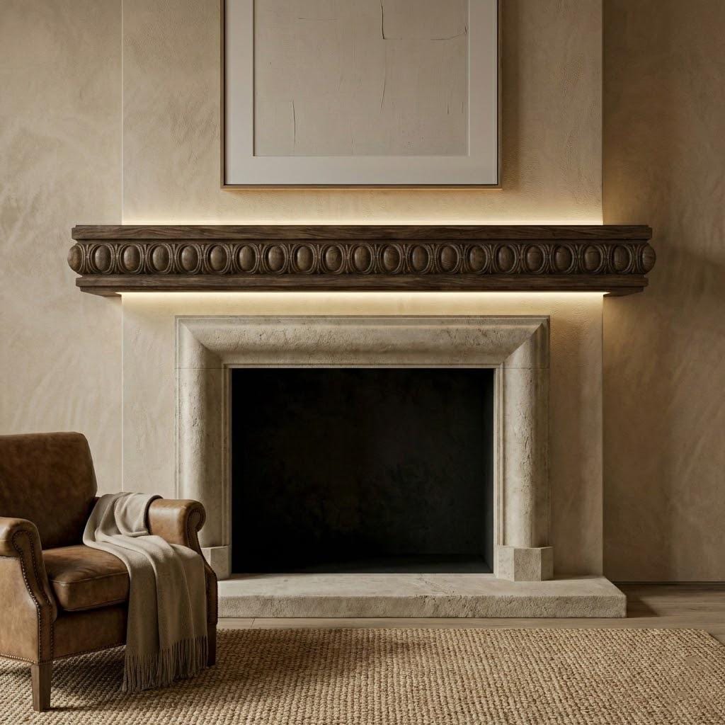 Fireplace Mantel, Floating Shelf, Hand Carved Solid Wood in Dark Walnut, Custom Length 4
