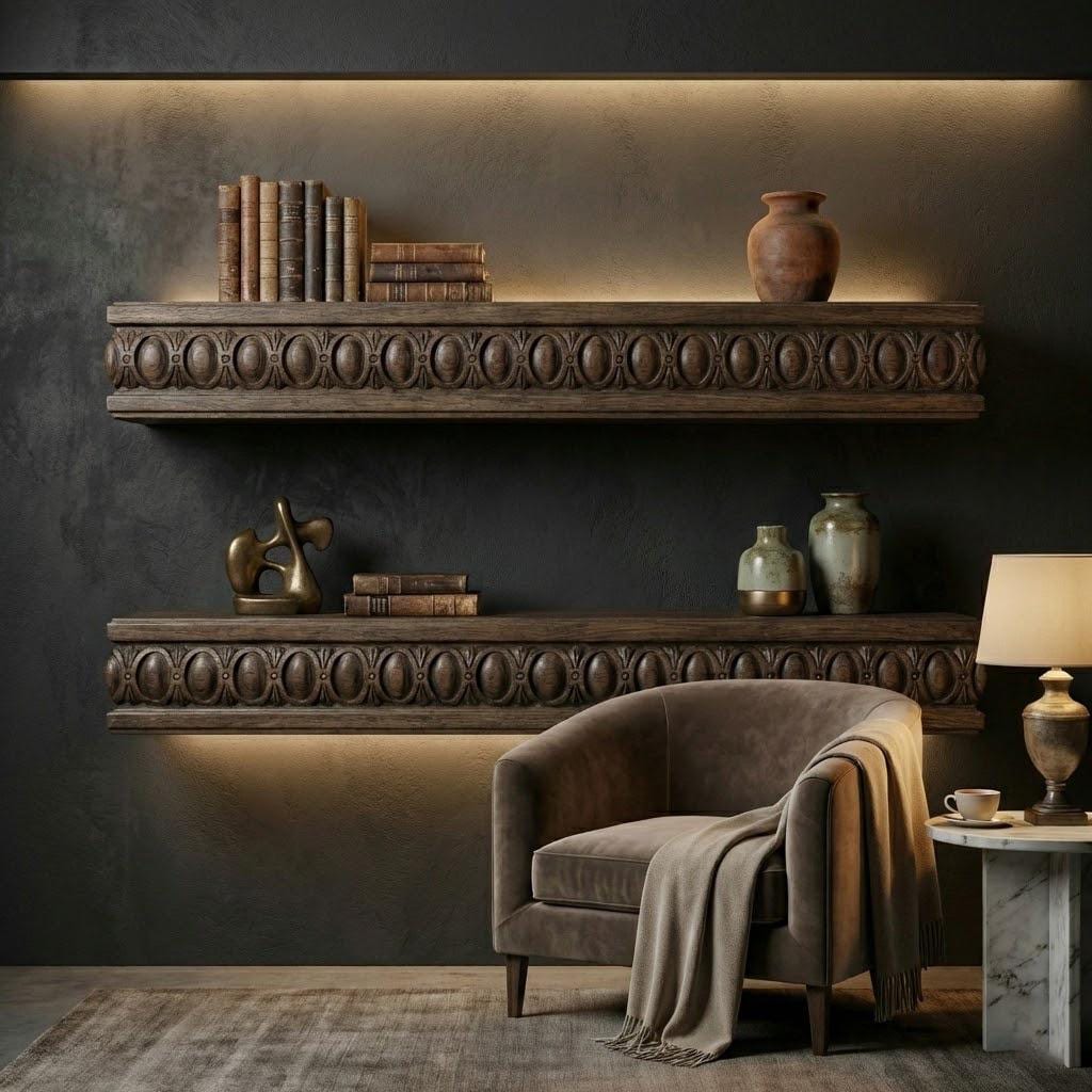 Fireplace Mantel, Floating Shelf, Hand Carved Solid Wood in Dark Walnut, Custom Length 5