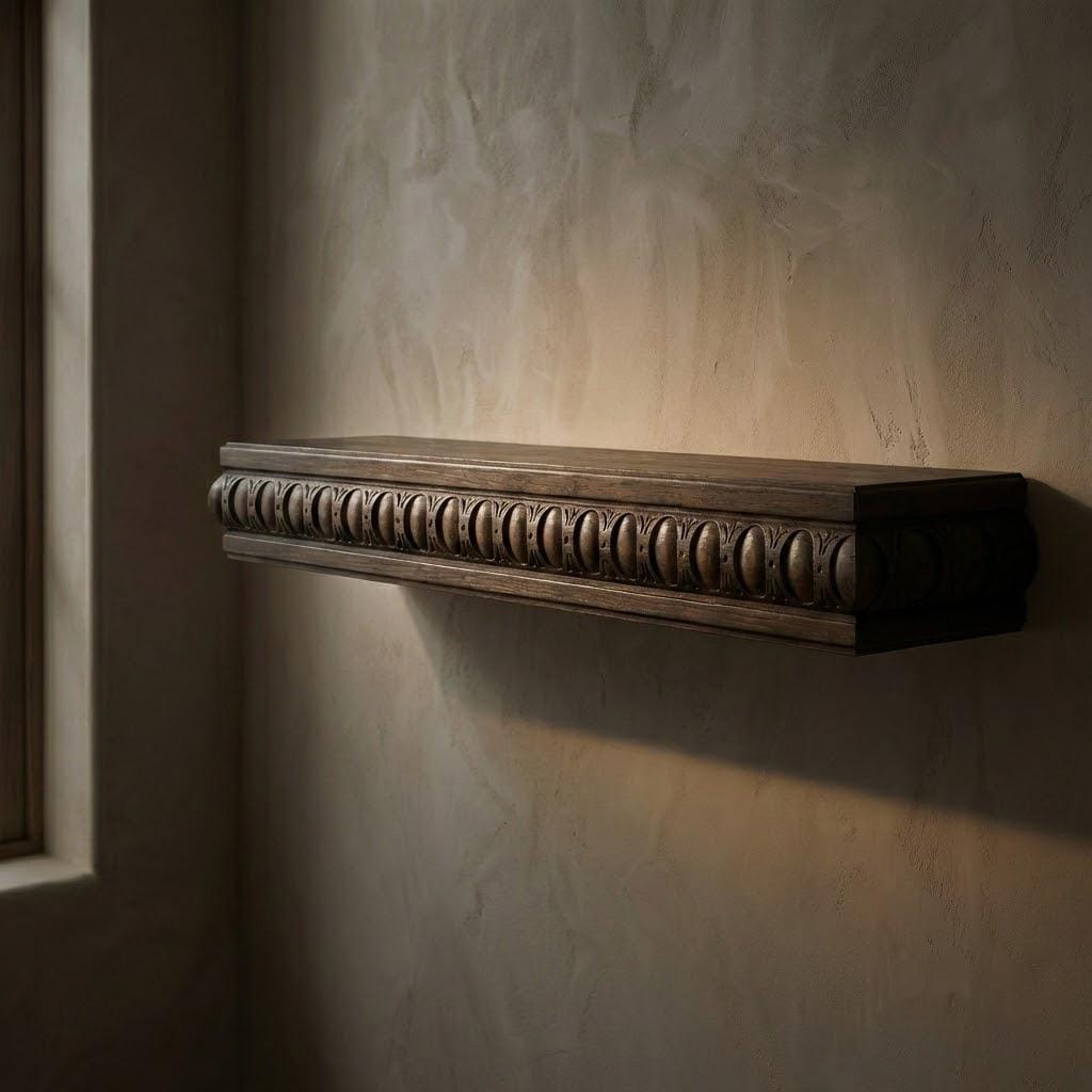 Fireplace Mantel, Floating Shelf, Hand Carved Solid Wood in Dark Walnut, Custom Length 6