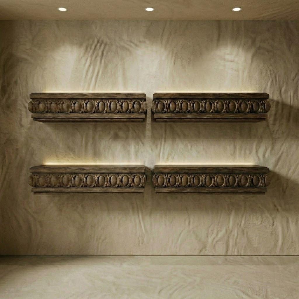 Fireplace Mantel, Floating Shelf, Hand Carved Solid Wood in Dark Walnut, Custom Length 7