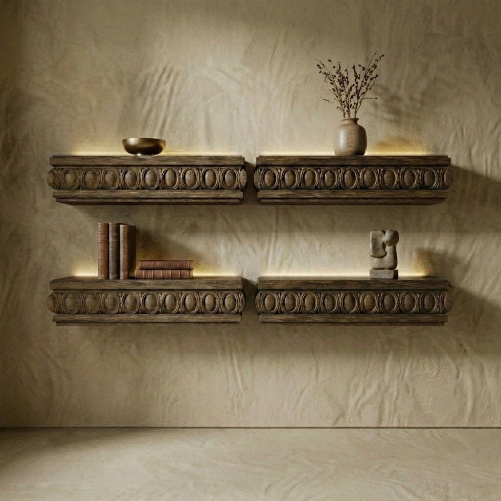 Fireplace Mantel, Floating Shelf, Hand Carved Solid Wood in Dark Walnut, Custom Length 8