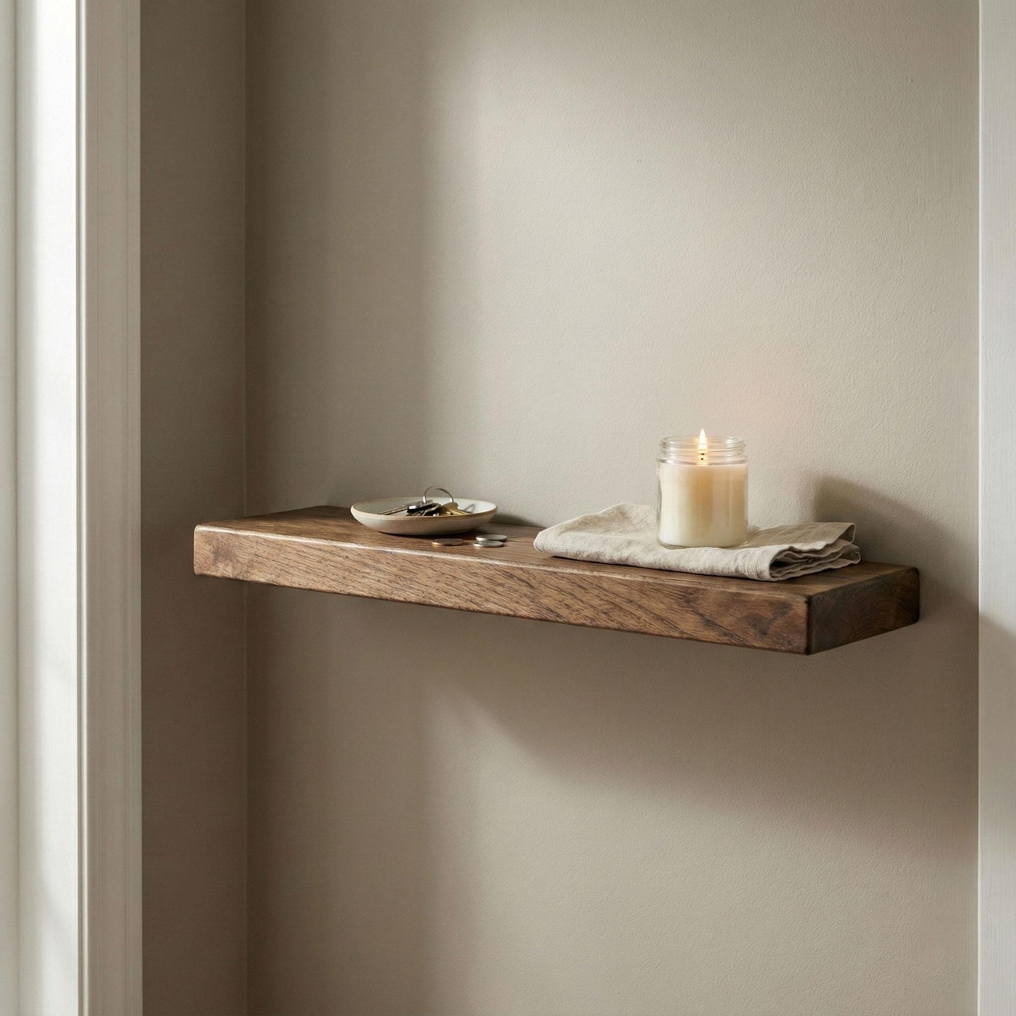 Chestnut Floating Shelf, Dark Wood Bathroom Wall Shelf, Rustic Kitchen Radiator Ledge, Straight Edge