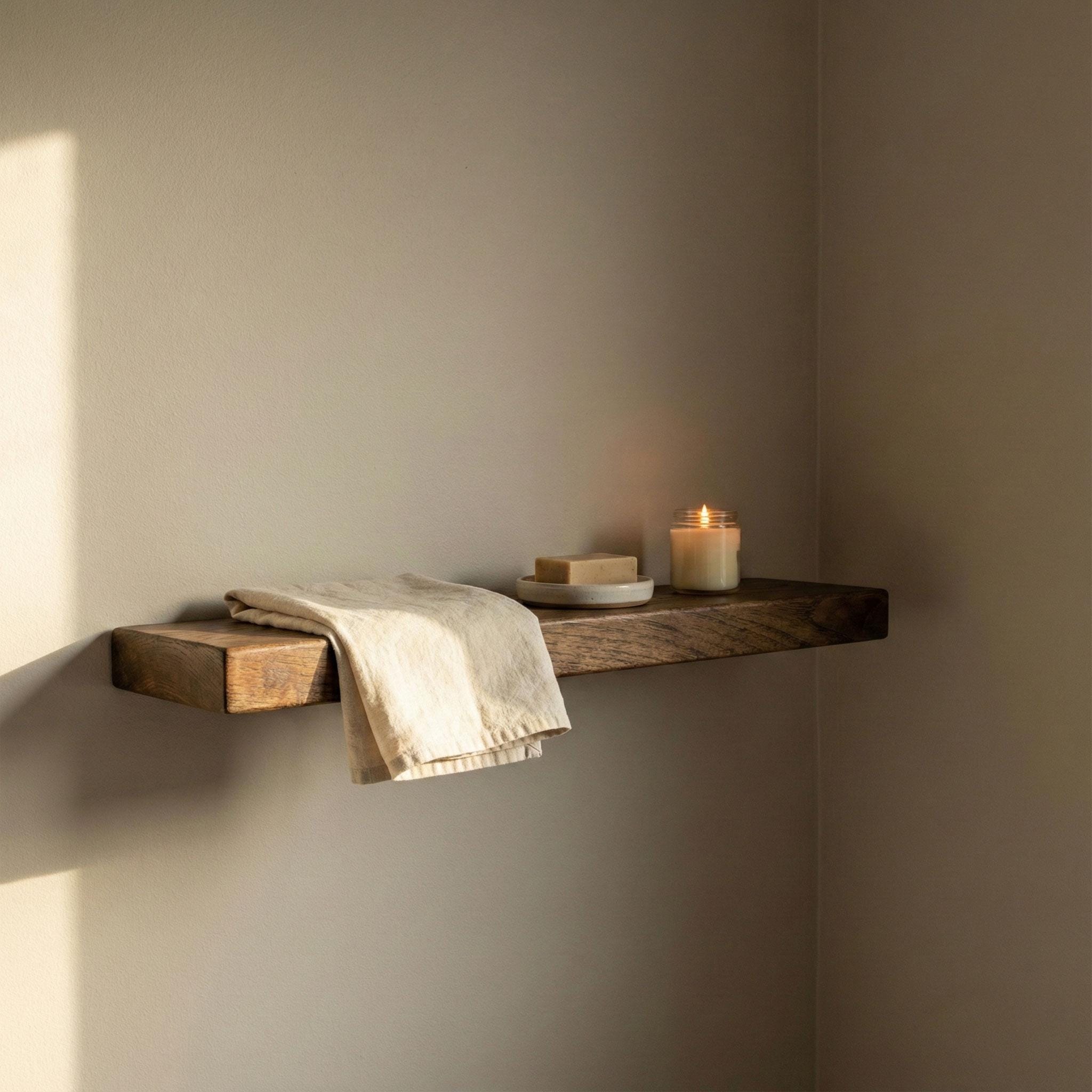 Chestnut Floating Shelf, Dark Wood Bathroom Wall Shelf, Rustic Kitchen Radiator Ledge, Straight Edge 4