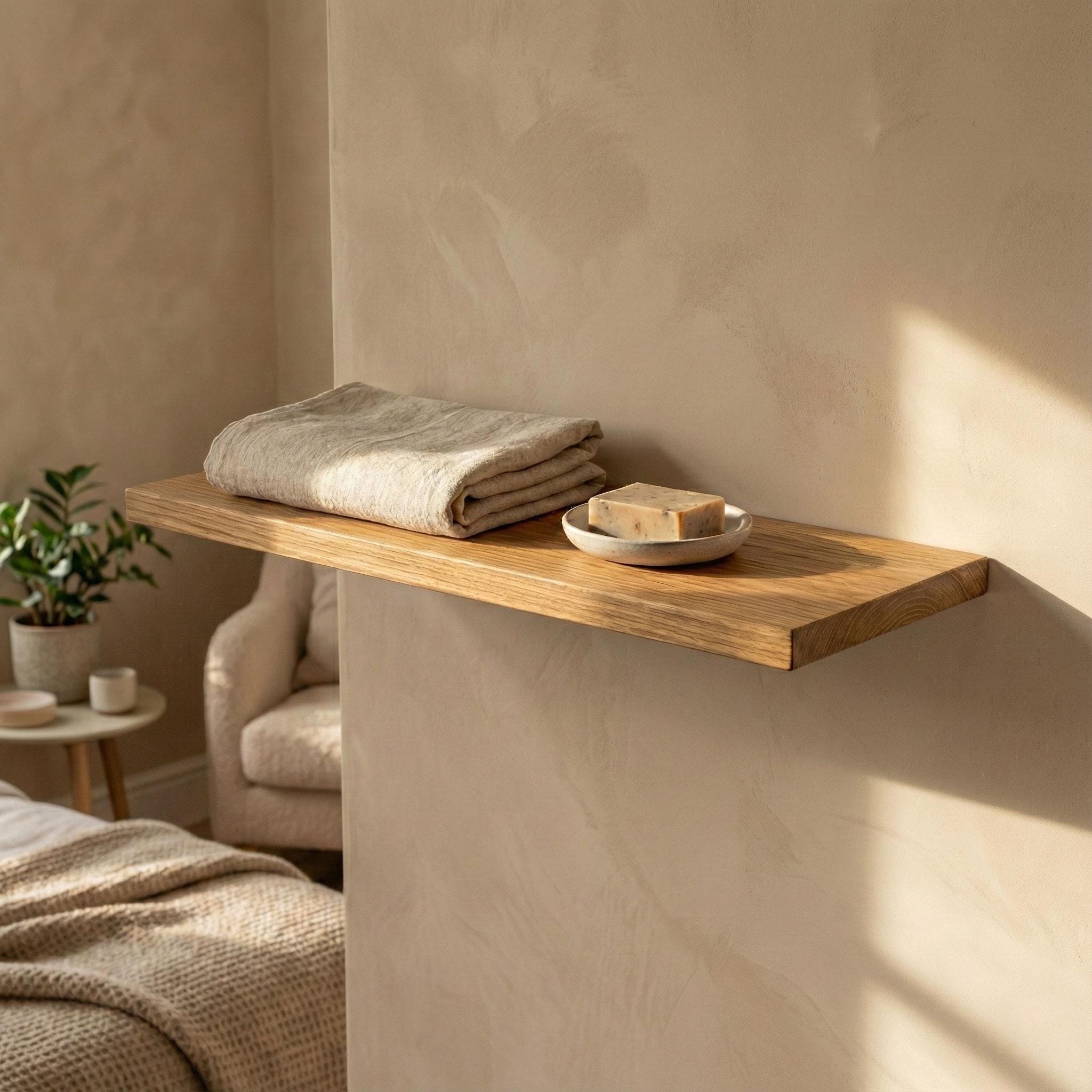 Oak Floating Shelf, Hidden Bracket Wall Decor, Scandinavian Bathroom Kitchen Storage, Rustic Custom Ledge