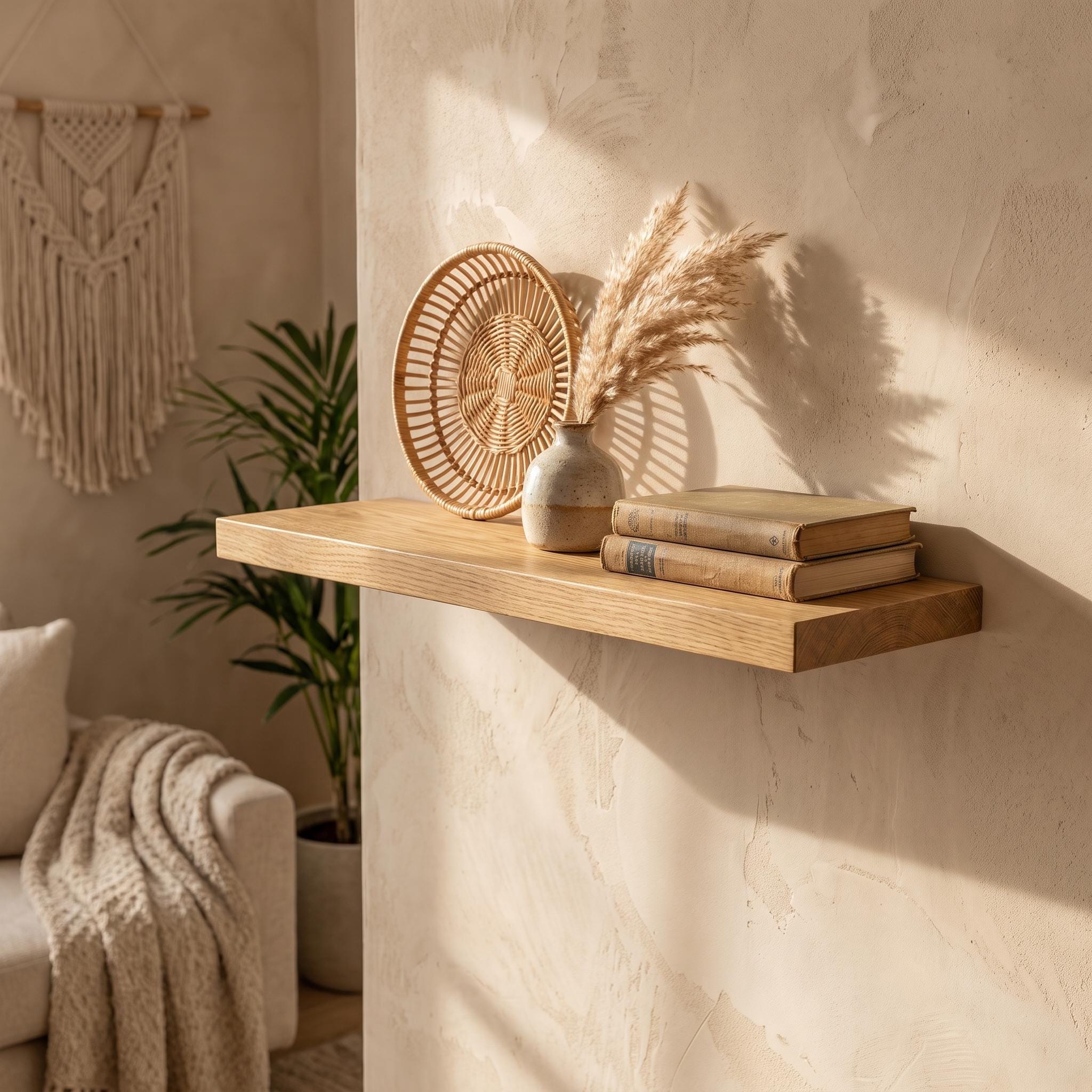 Oak Floating Shelf, Hidden Bracket Wall Decor, Scandinavian Bathroom Kitchen Storage, Rustic Custom Ledge 10