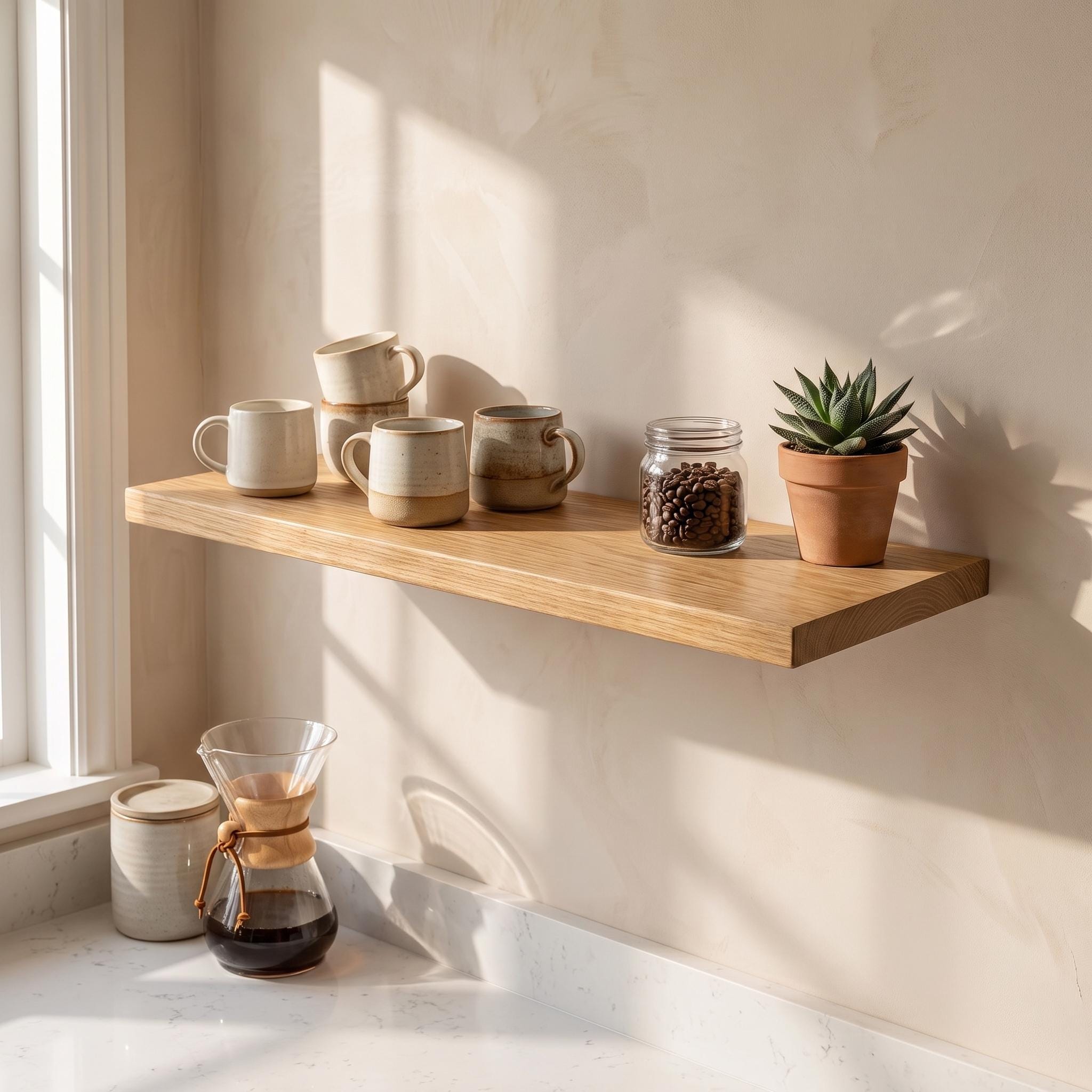 Oak Floating Shelf, Hidden Bracket Wall Decor, Scandinavian Bathroom Kitchen Storage, Rustic Custom Ledge 6