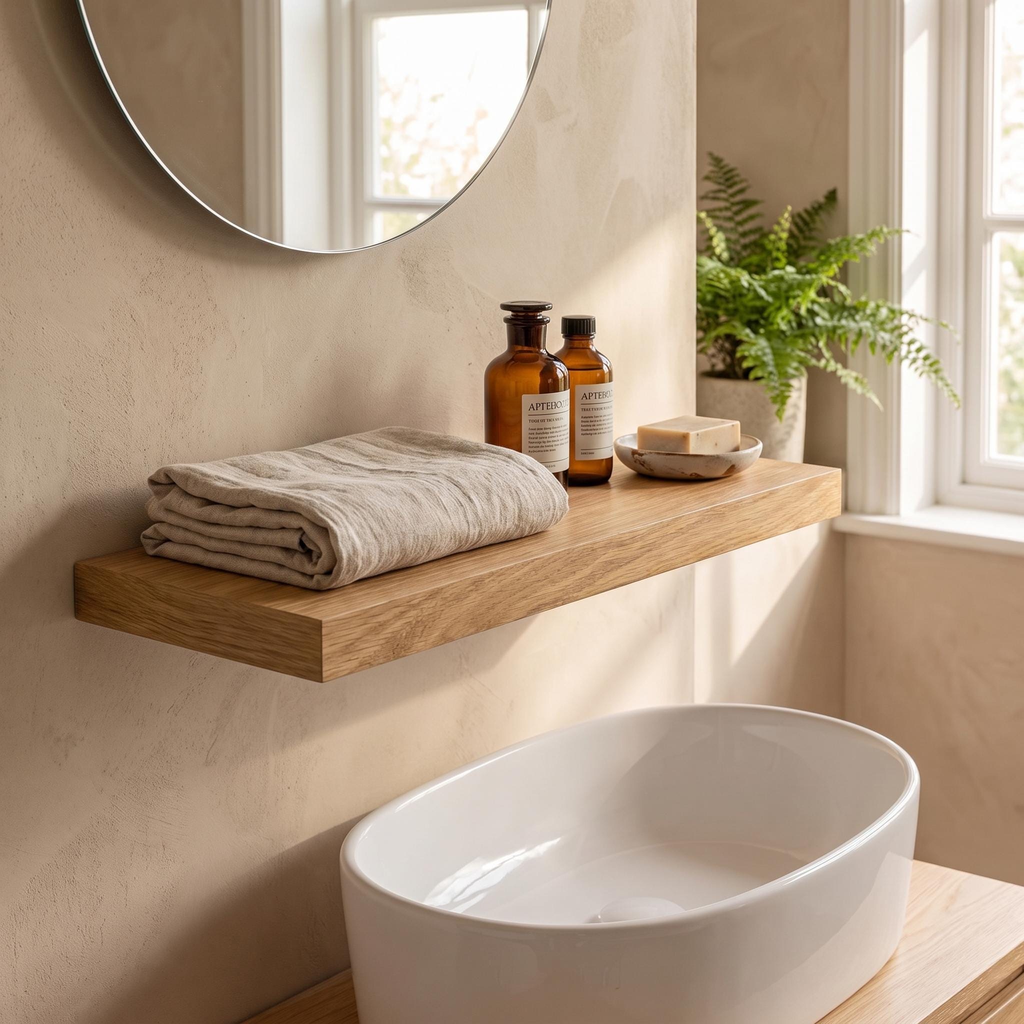 Oak Floating Shelf, Hidden Bracket Wall Decor, Scandinavian Bathroom Kitchen Storage, Rustic Custom Ledge 9
