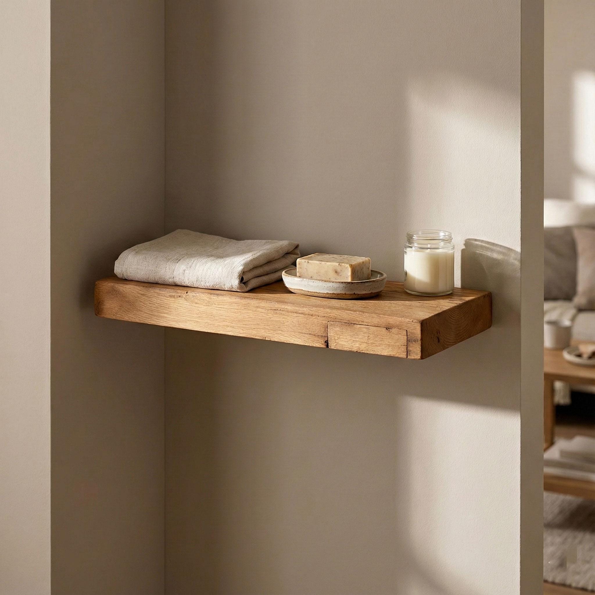 Handcrafted Aged Oak Floating Shelf, Rustic Solid Wood, Minimalist Decor