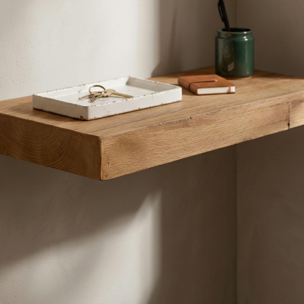 Handcrafted Aged Oak Floating Shelf, Rustic Solid Wood, Minimalist Decor 3