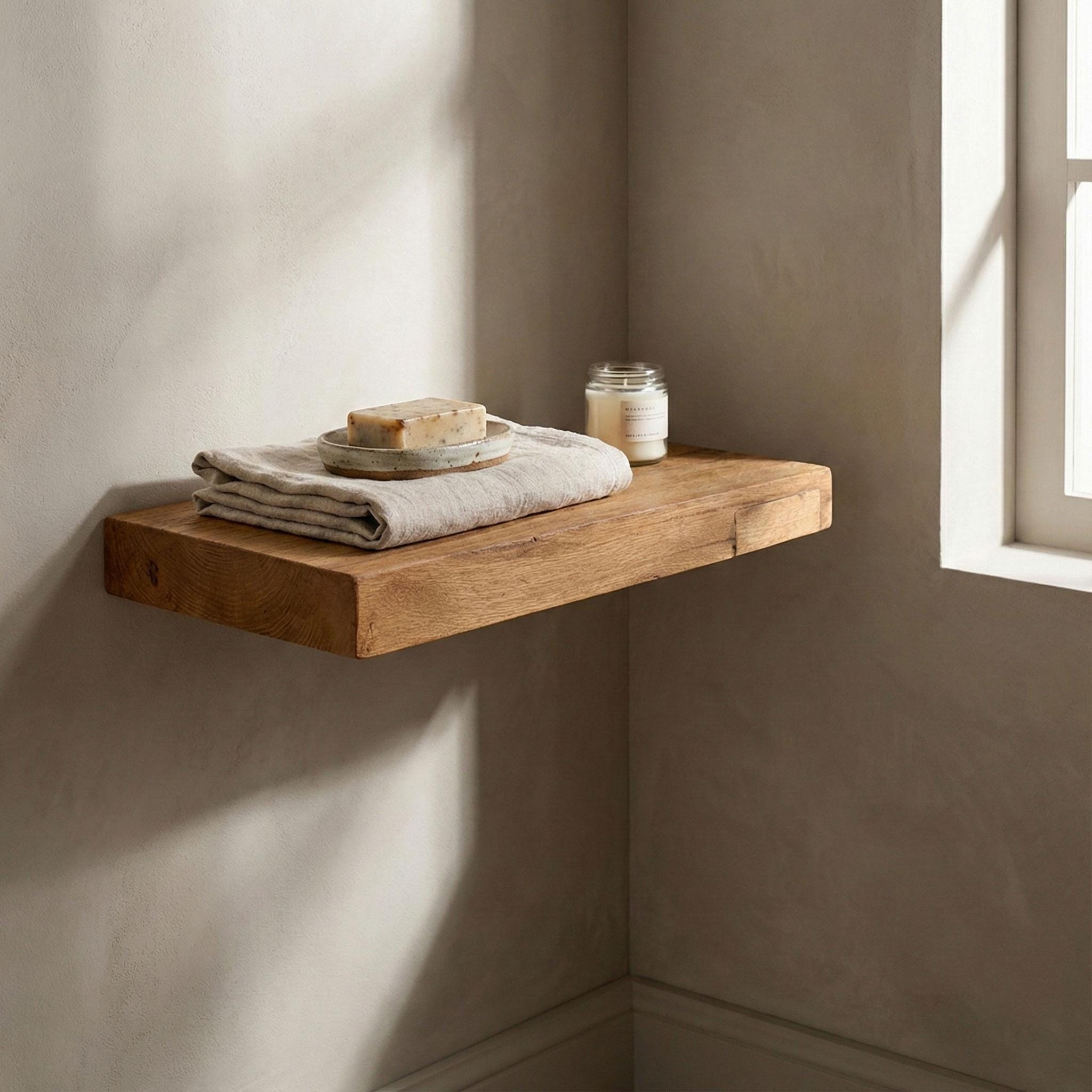 Handcrafted Aged Oak Floating Shelf, Rustic Solid Wood, Minimalist Decor 6