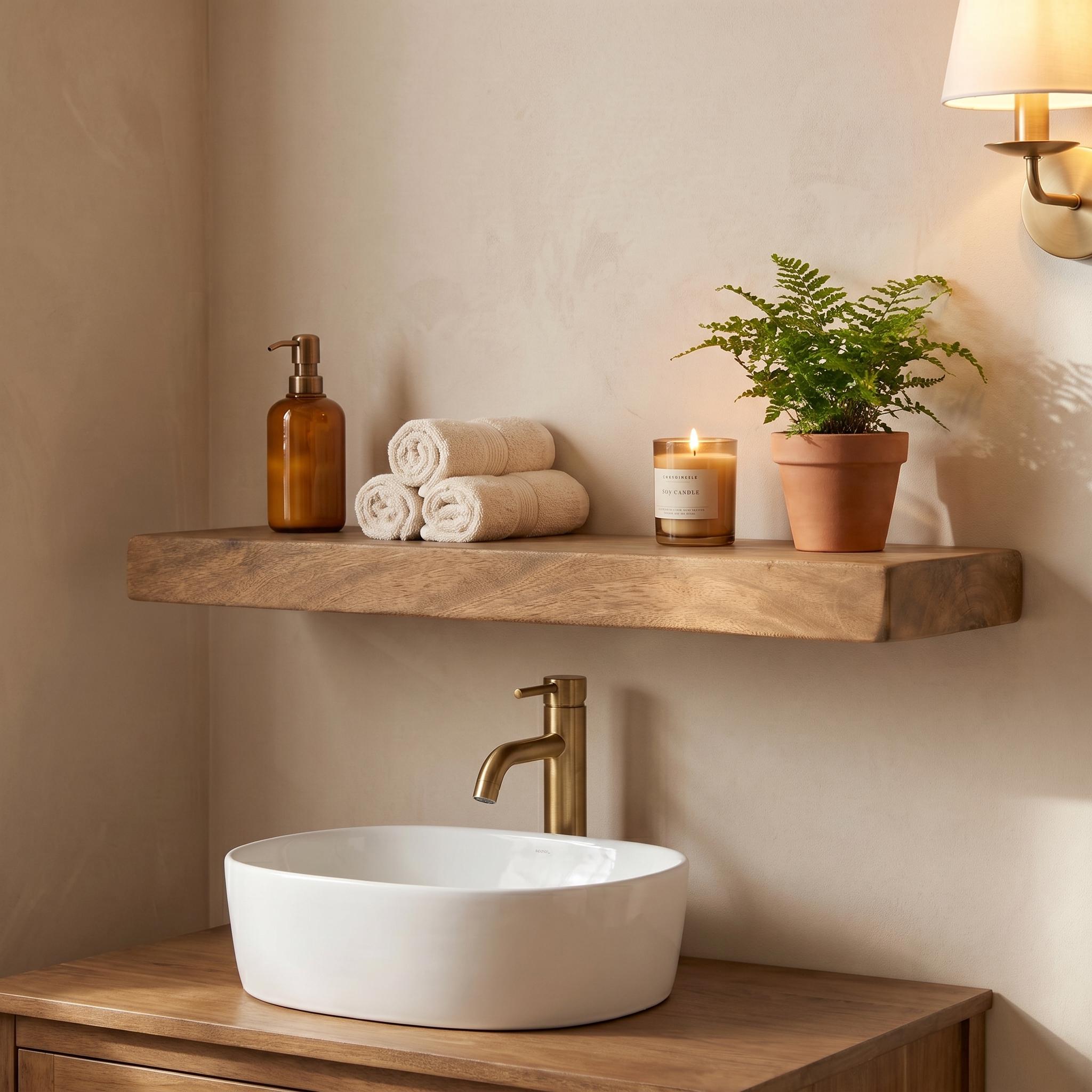 Chestnut Floating Shelf, Solid Wood Wall Shelf for Bathroom