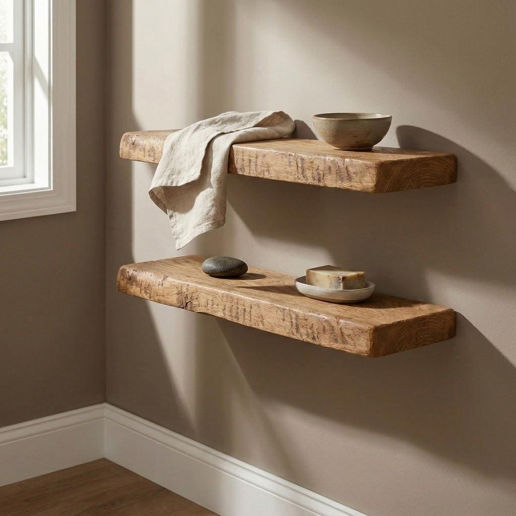 Set of 2 Live Edge Chestnut Wall Shelves, Rustic Natural Solid Chestnut, Farmhouse Bathroom Storage, Handmade Reclaimed Style