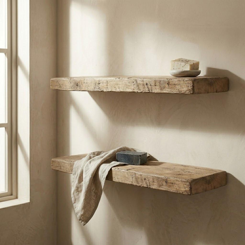Set of 2 Live Edge Chestnut Wall Shelves, Rustic Natural Solid Chestnut, Farmhouse Bathroom Storage, Handmade Reclaimed Style 4