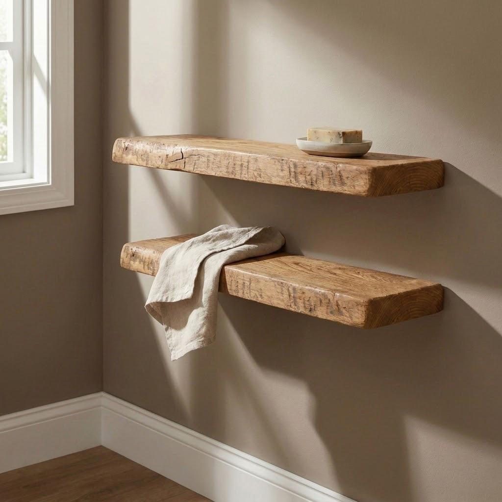 Set of 2 Live Edge Chestnut Wall Shelves, Rustic Natural Solid Chestnut, Farmhouse Bathroom Storage, Handmade Reclaimed Style 9