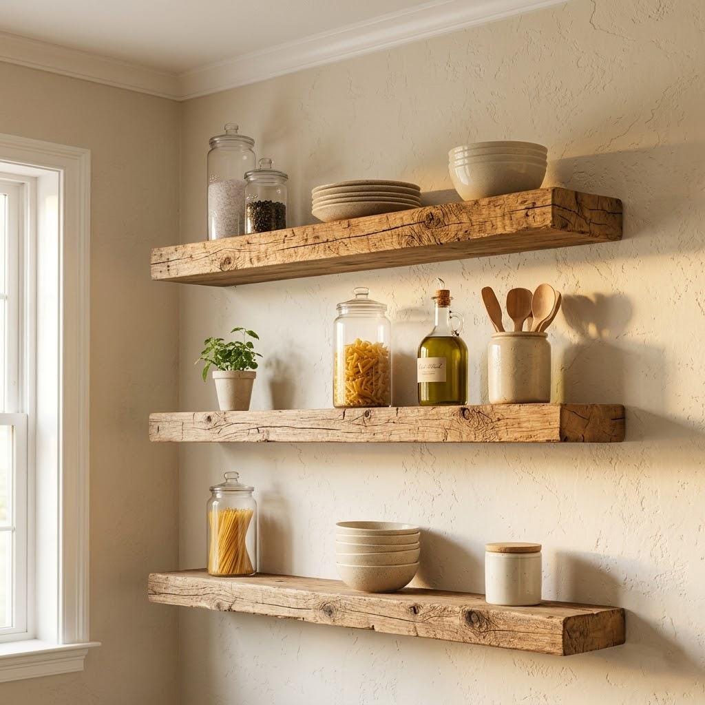 Reclaimed Wood Floating Shelves, Farmhouse Kitchen Set of 3, Rustic Barn Shelving, Custom Length 5