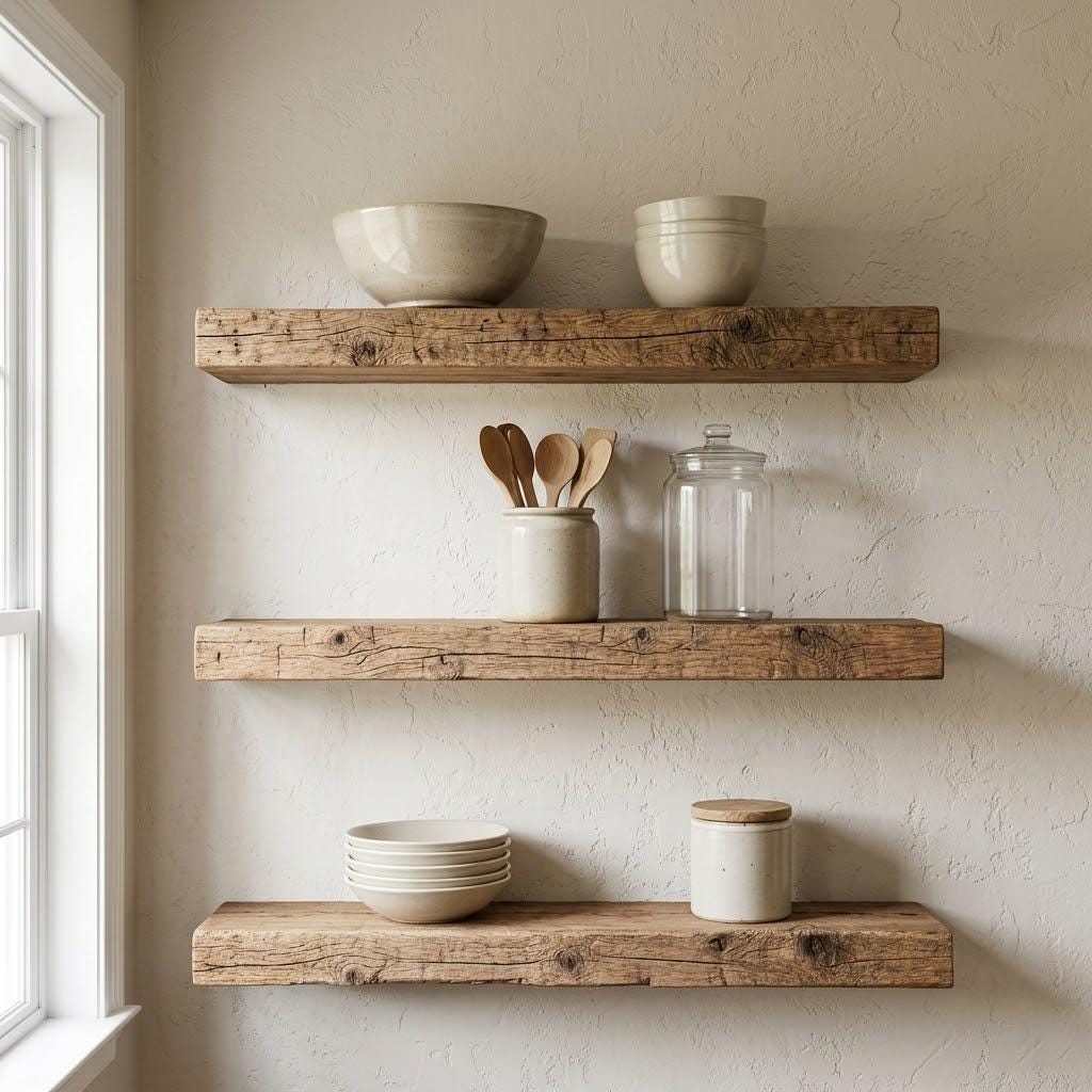 Reclaimed Wood Floating Shelves, Farmhouse Kitchen Set of 3, Rustic Barn Shelving, Custom Length 6
