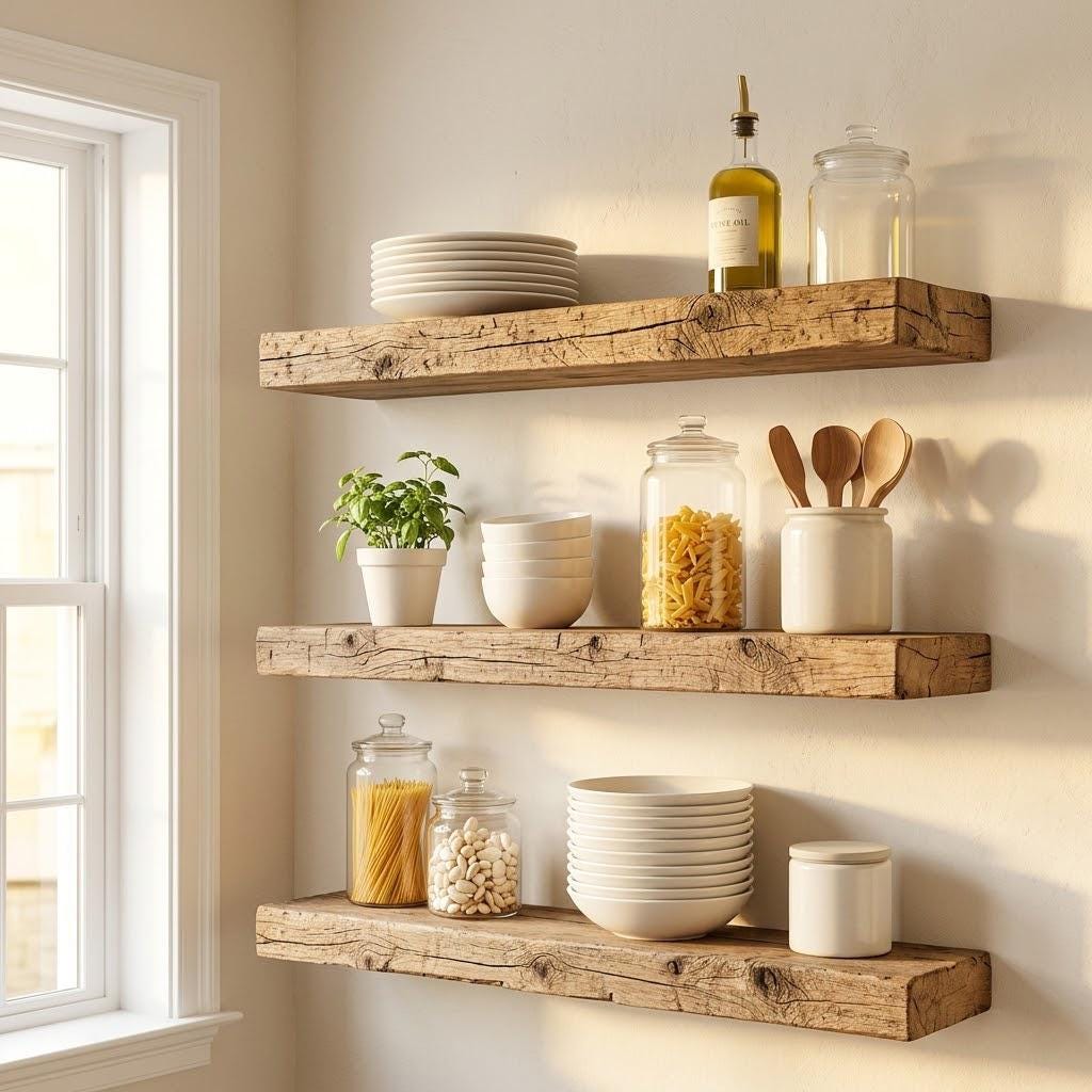 Reclaimed Wood Floating Shelves, Farmhouse Kitchen Set of 3, Rustic Barn Shelving, Custom Length 7
