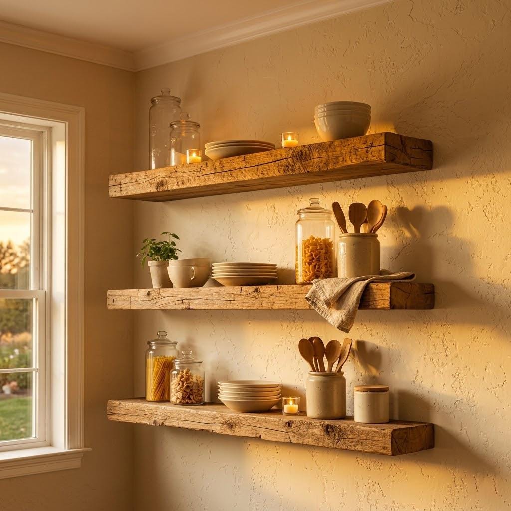 Reclaimed Wood Floating Shelves, Farmhouse Kitchen Set of 3, Rustic Barn Shelving, Custom Length 8