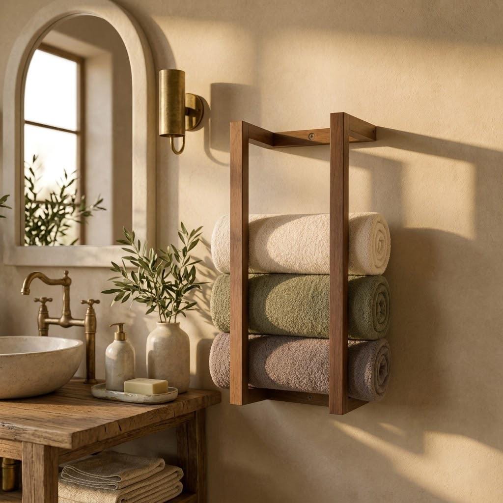 Wood Towel Rack, Wall Mounted Bathroom Storage Holder Minimal Rustic Organizer, Custom Length