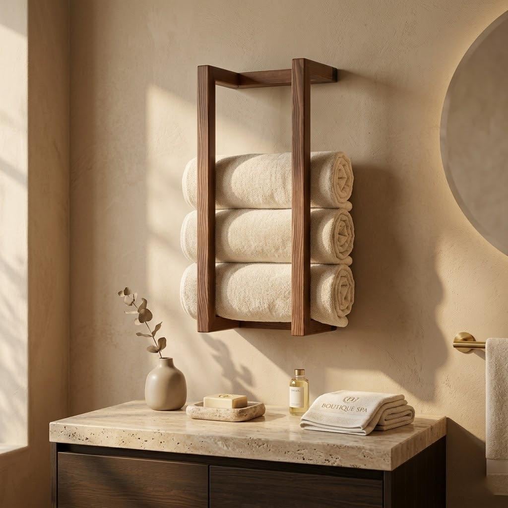 Wood Towel Rack, Wall Mounted Bathroom Storage Holder Minimal Rustic Organizer, Custom Length 10