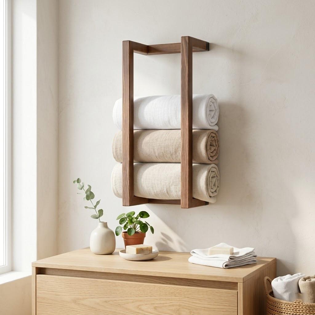 Wood Towel Rack, Wall Mounted Bathroom Storage Holder Minimal Rustic Organizer, Custom Length