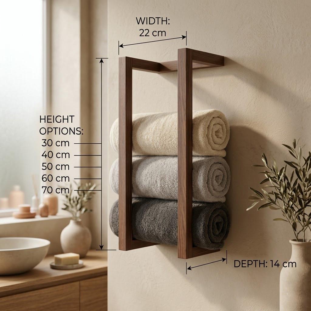 Wood Towel Rack, Wall Mounted Bathroom Storage Holder Minimal Rustic Organizer, Custom Length 4
