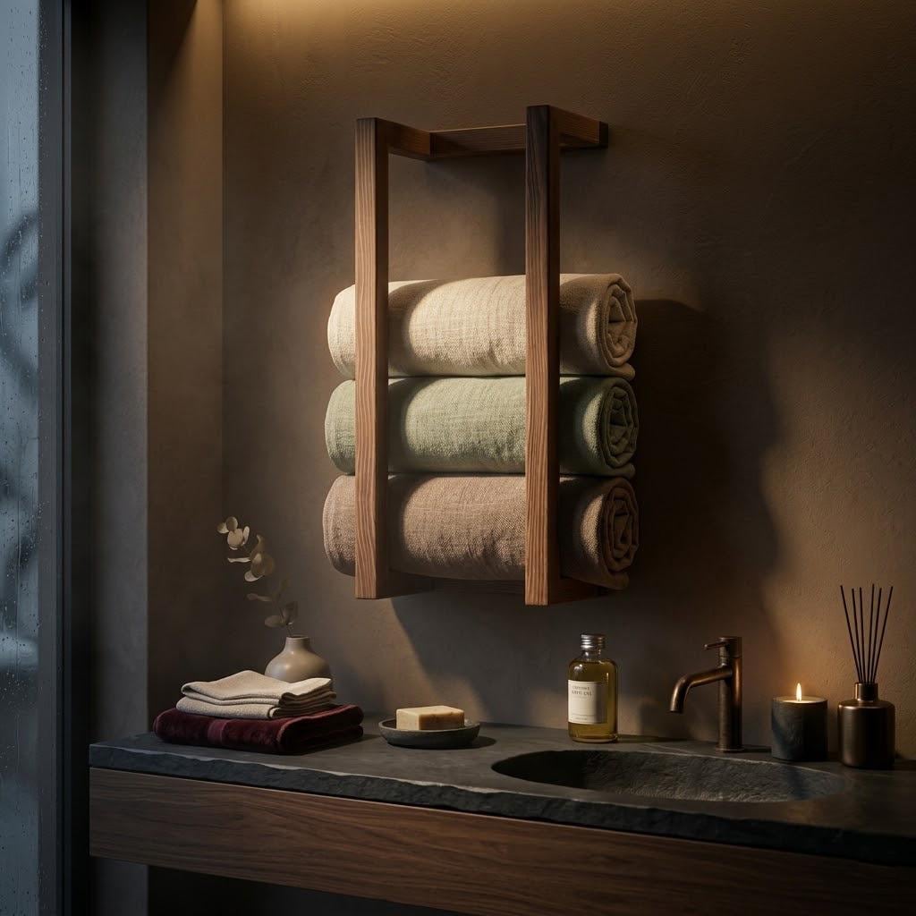 Wood Towel Rack, Wall Mounted Bathroom Storage Holder Minimal Rustic Organizer, Custom Length 5