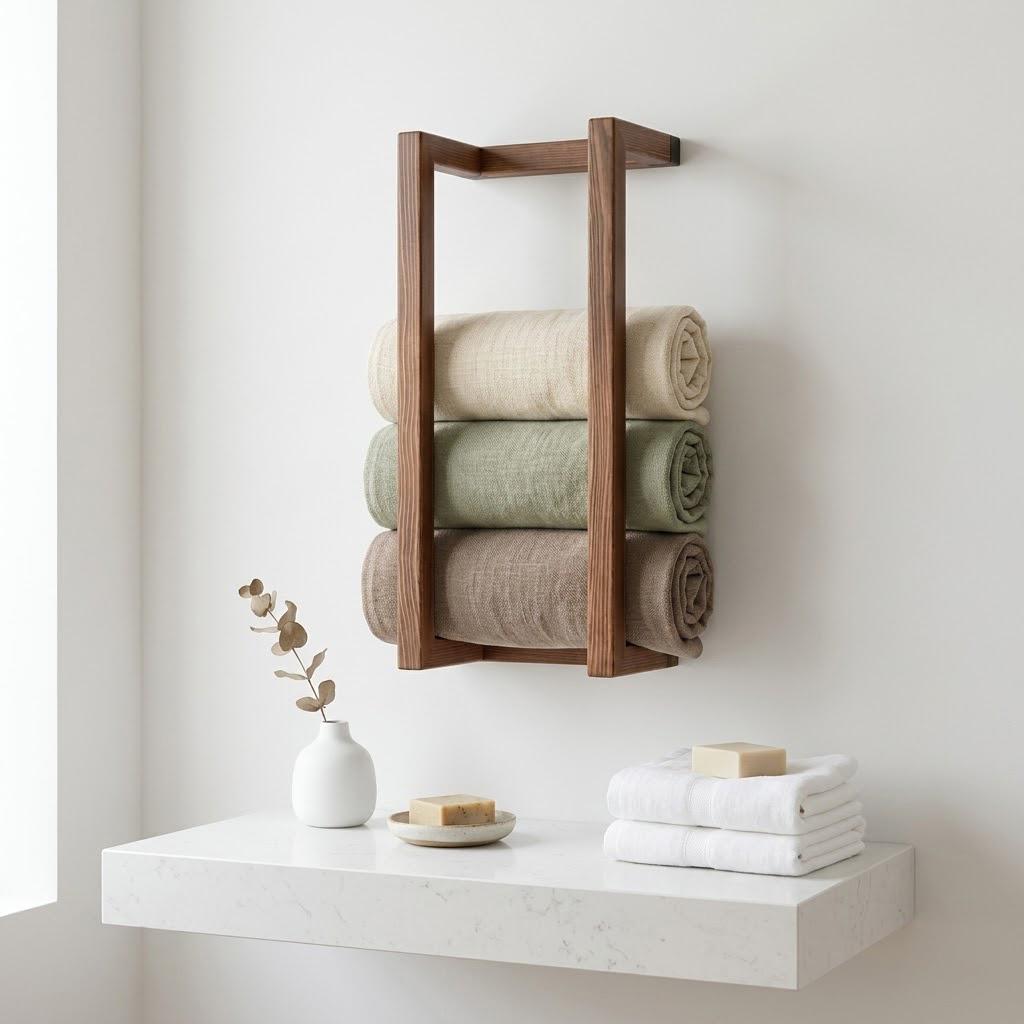 Wood Towel Rack, Wall Mounted Bathroom Storage Holder Minimal Rustic Organizer, Custom Length 6