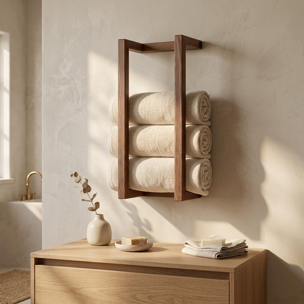 Wood Towel Rack, Wall Mounted Bathroom Storage Holder Minimal Rustic Organizer, Custom Length 7