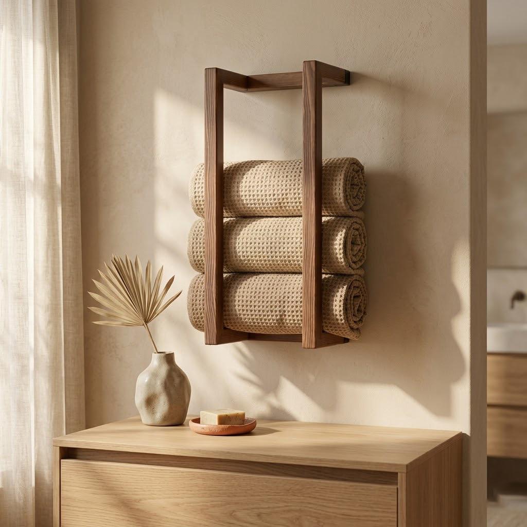 Wood Towel Rack, Wall Mounted Bathroom Storage Holder Minimal Rustic Organizer, Custom Length 9
