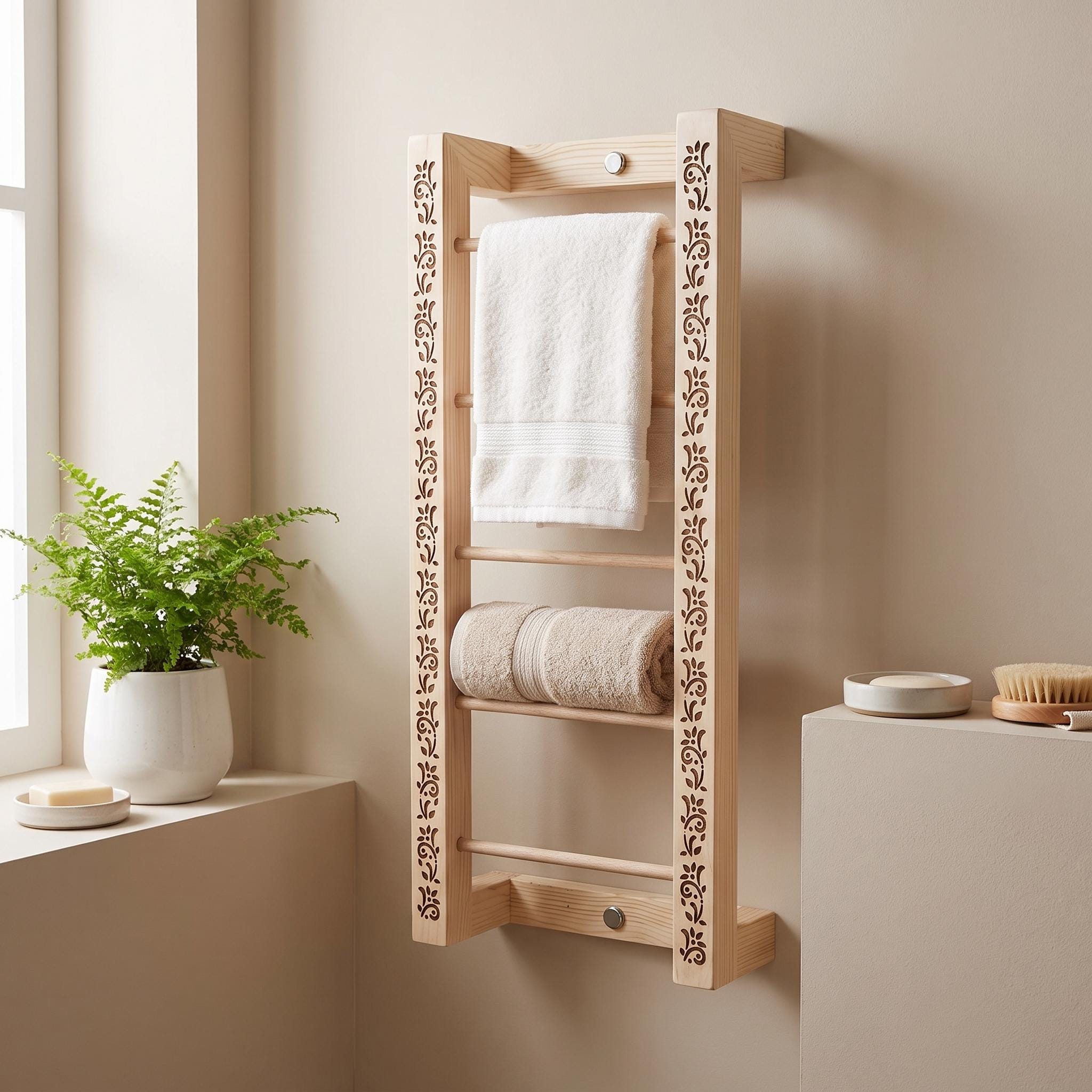 Decorative Wooden Towel Rack, Wall Mounted Bathroom Towel Ladder, Laser Cut Floral Detail