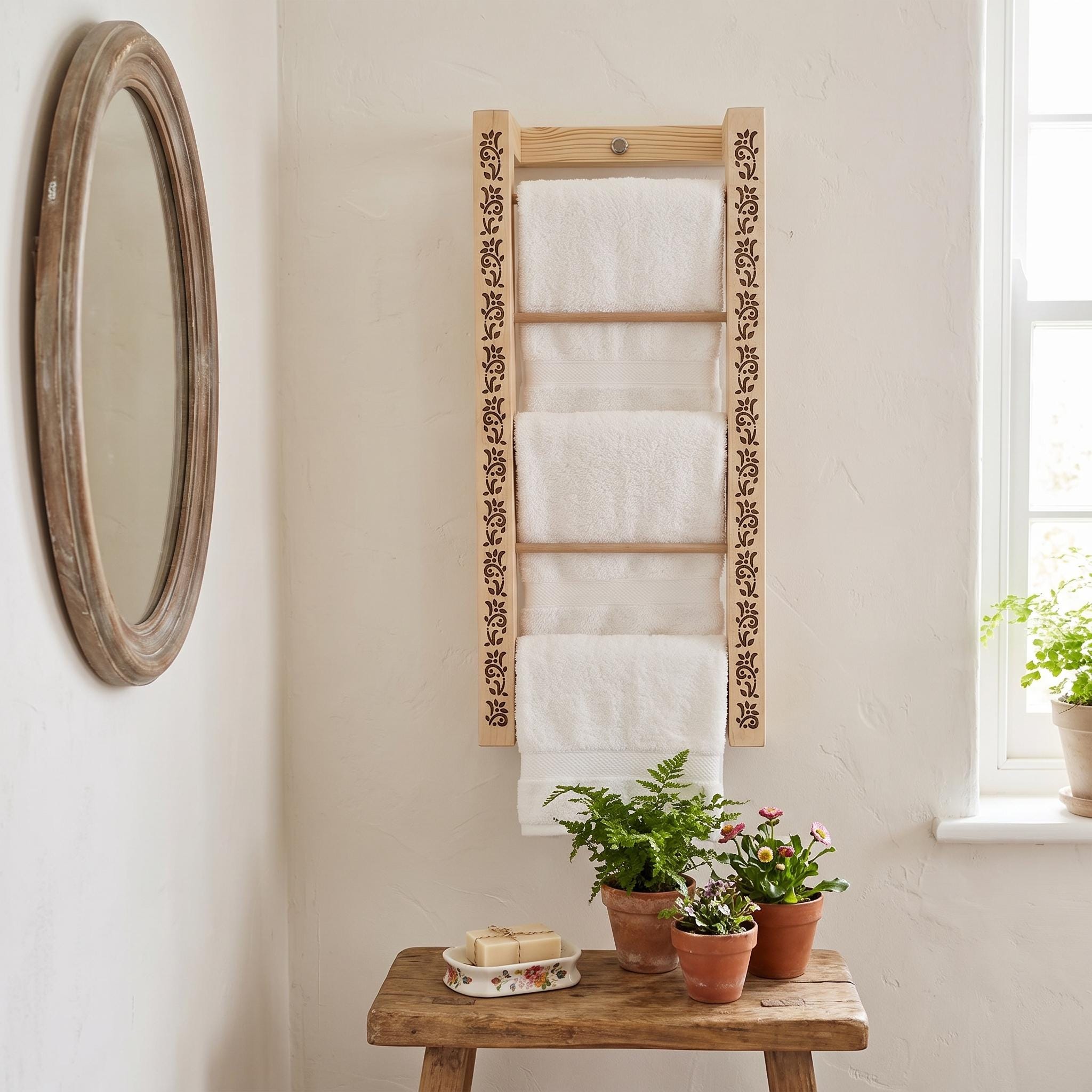 Decorative Wooden Towel Rack, Wall Mounted Bathroom Towel Ladder, Laser Cut Floral Detail 10