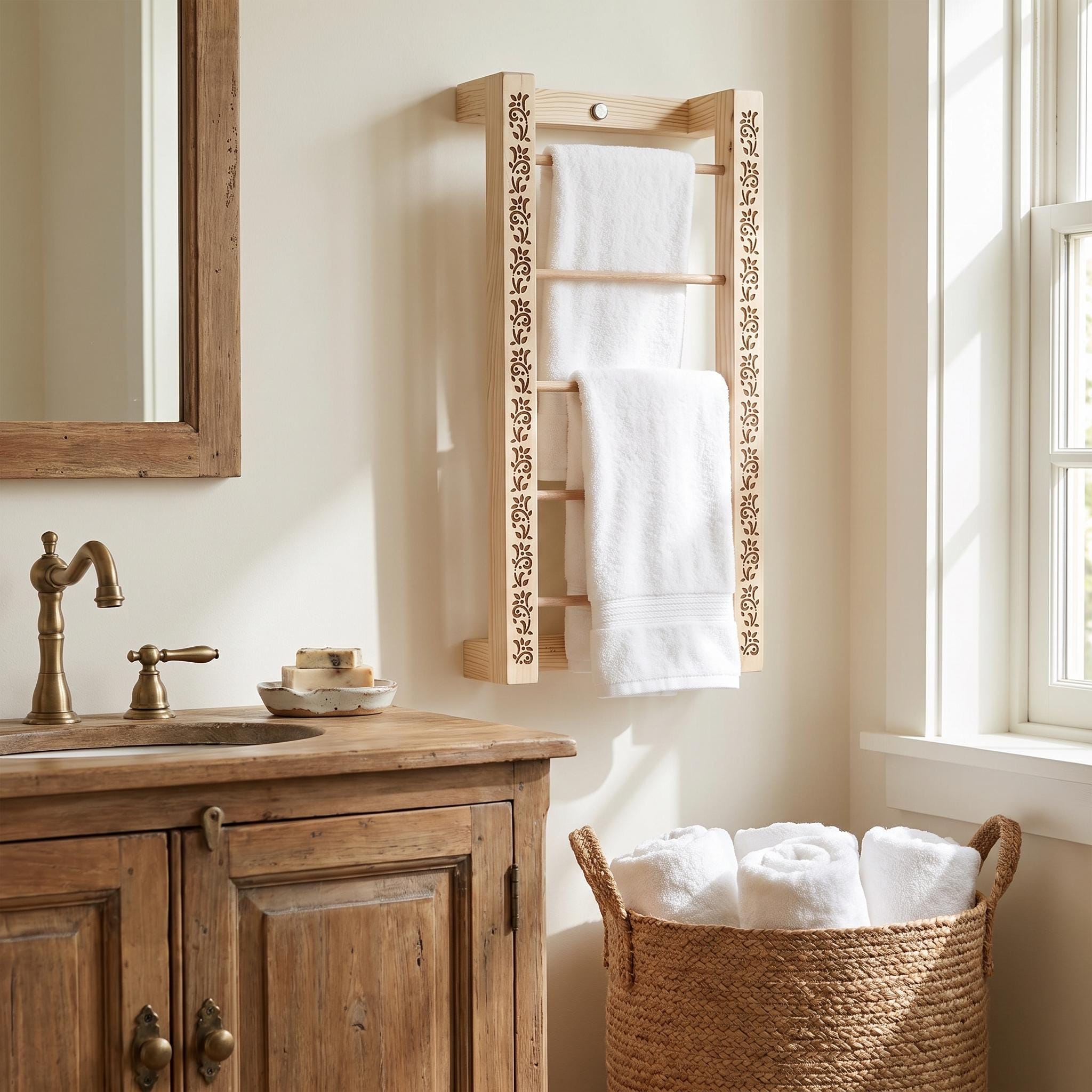 Decorative Wooden Towel Rack, Wall Mounted Bathroom Towel Ladder, Laser Cut Floral Detail