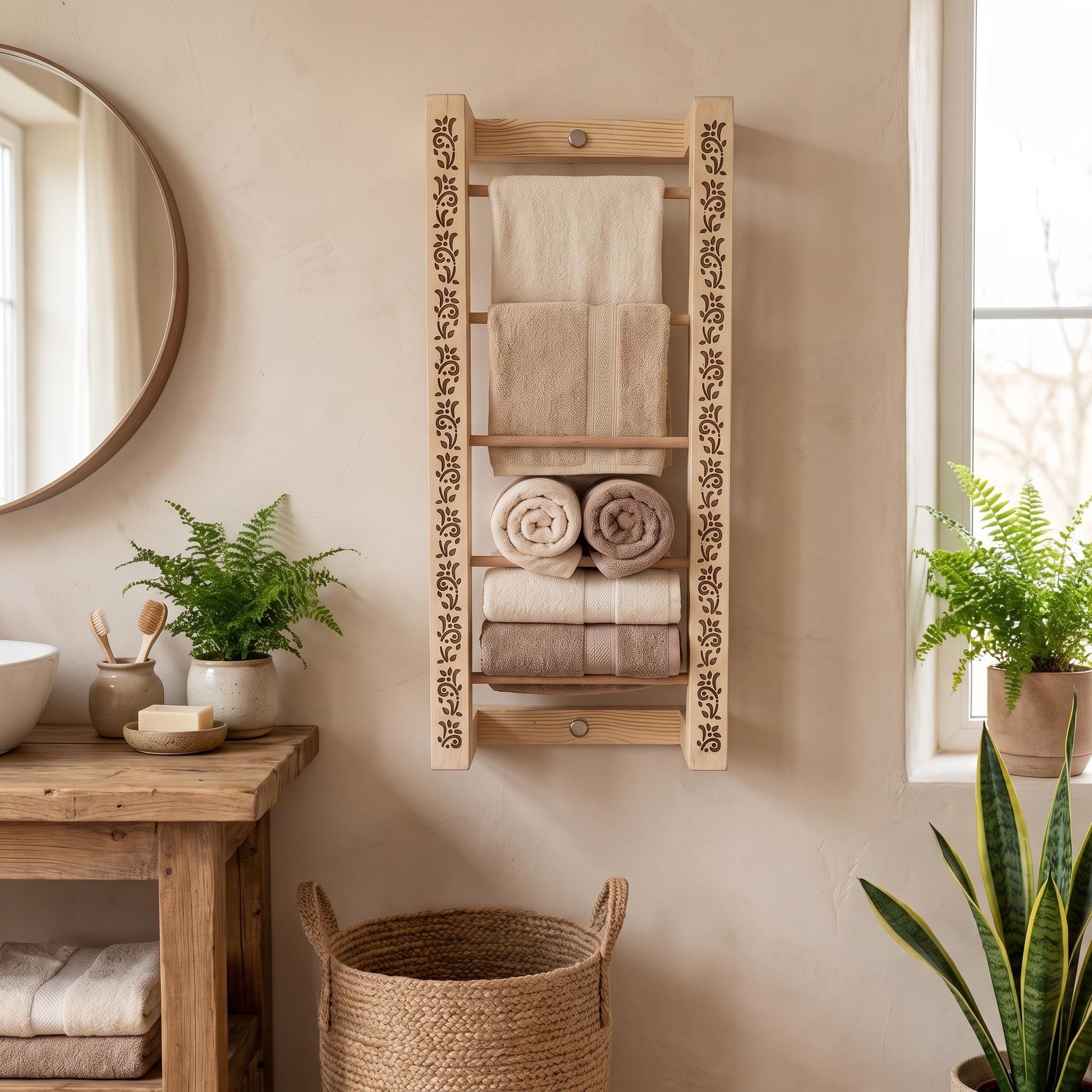 Decorative Wooden Towel Rack, Wall Mounted Bathroom Towel Ladder, Laser Cut Floral Detail