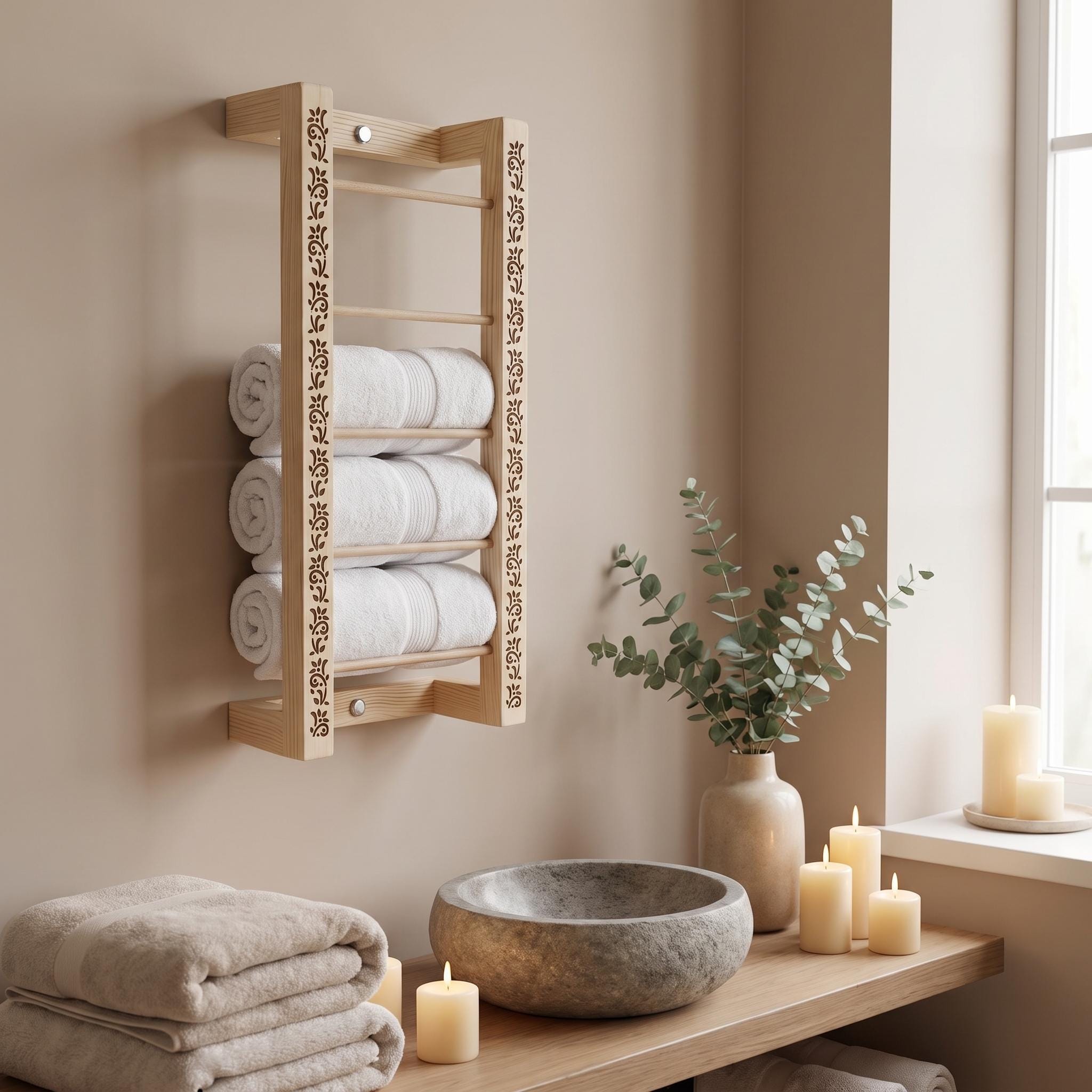 Decorative Wooden Towel Rack, Wall Mounted Bathroom Towel Ladder, Laser Cut Floral Detail 5
