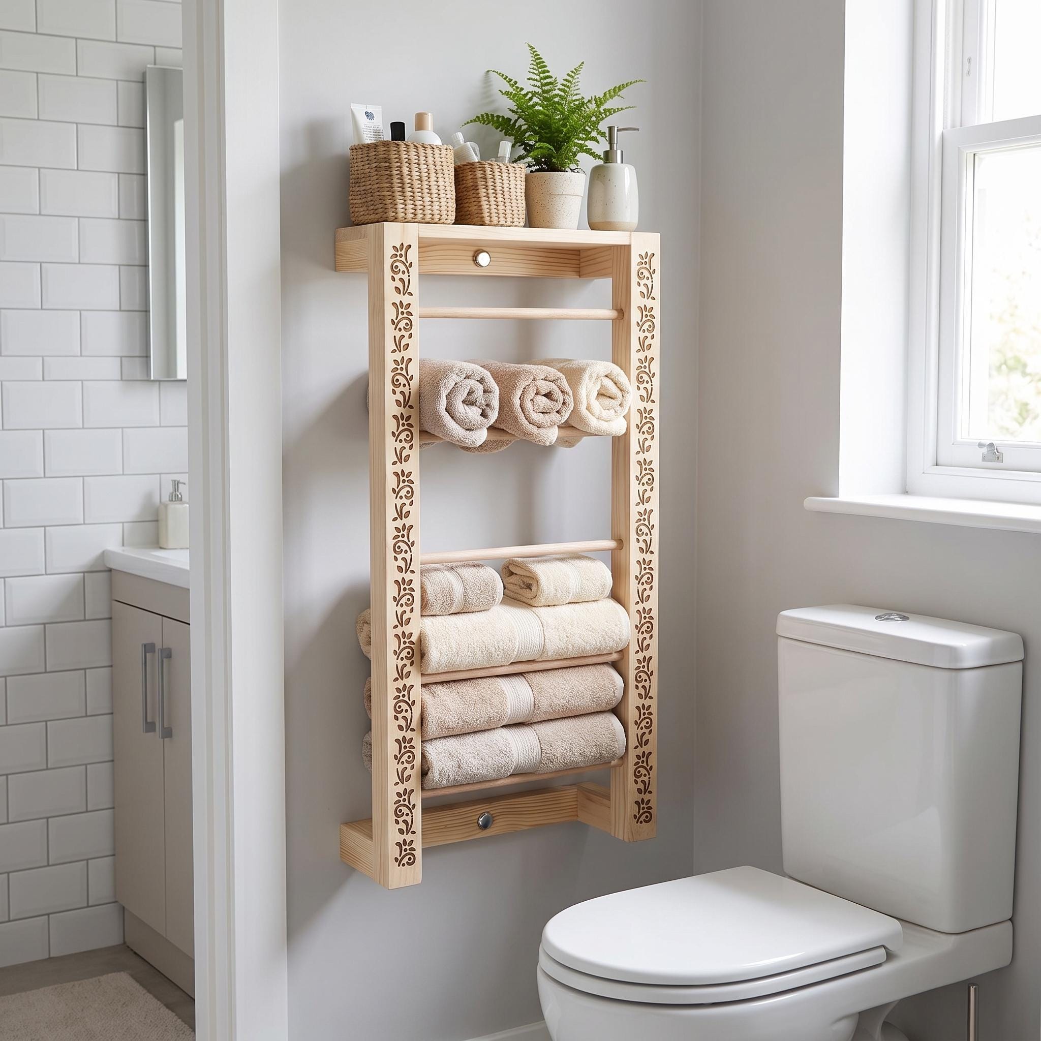 Decorative Wooden Towel Rack, Wall Mounted Bathroom Towel Ladder, Laser Cut Floral Detail 7
