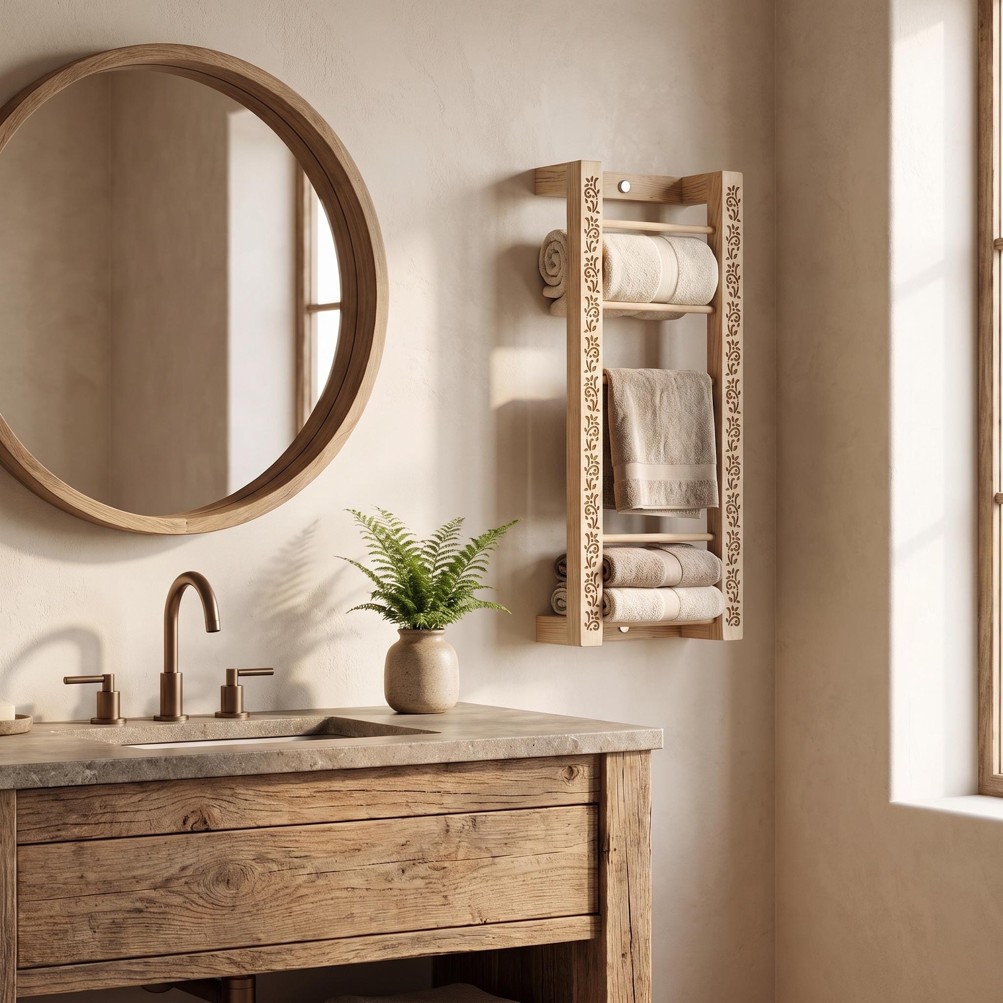 Decorative Wooden Towel Rack, Wall Mounted Bathroom Towel Ladder, Laser Cut Floral Detail 8