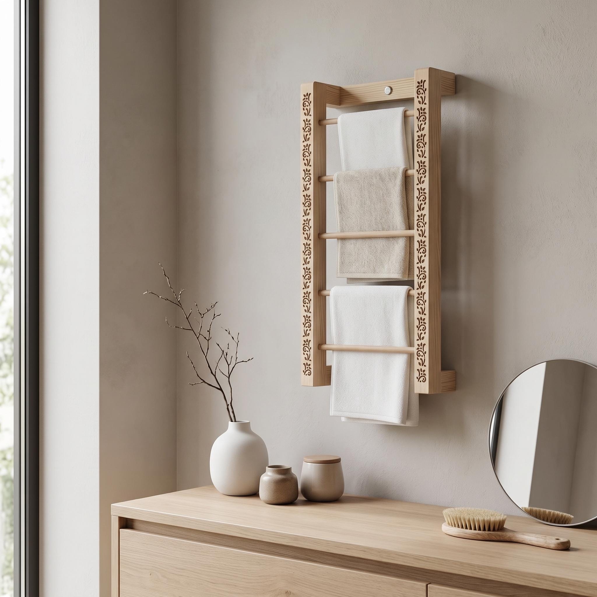 Decorative Wooden Towel Rack, Wall Mounted Bathroom Towel Ladder, Laser Cut Floral Detail 9