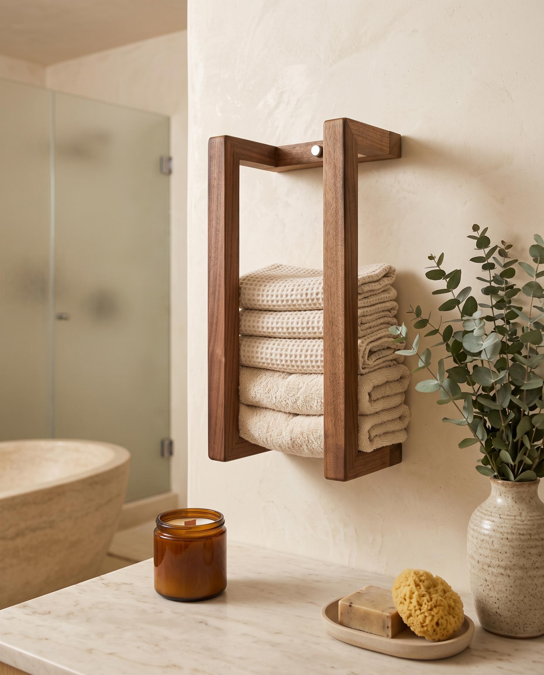Walnut Wall Rack, Rolled Towel Holder, Handmade Minimal Bathroom Storage 10