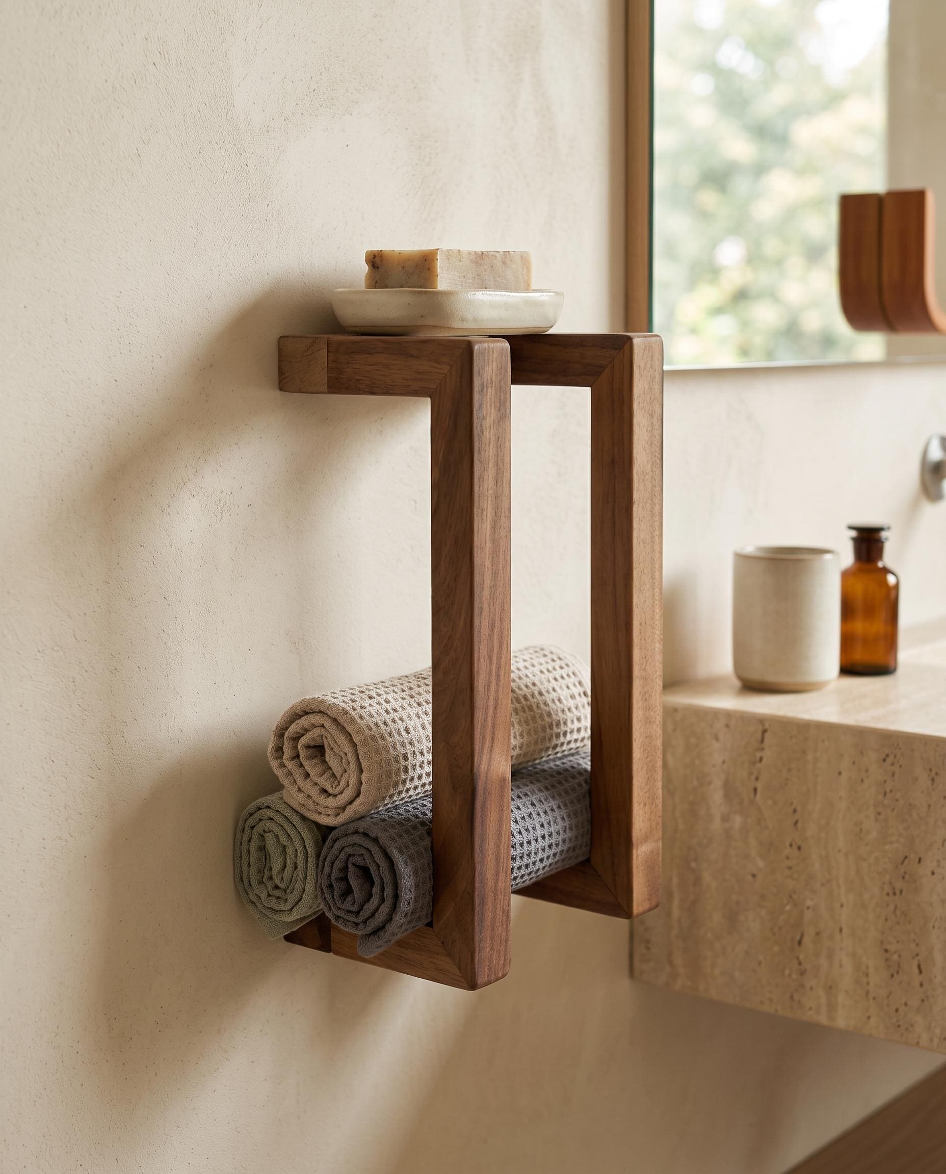 Walnut Wall Rack, Rolled Towel Holder, Handmade Minimal Bathroom Storage 2