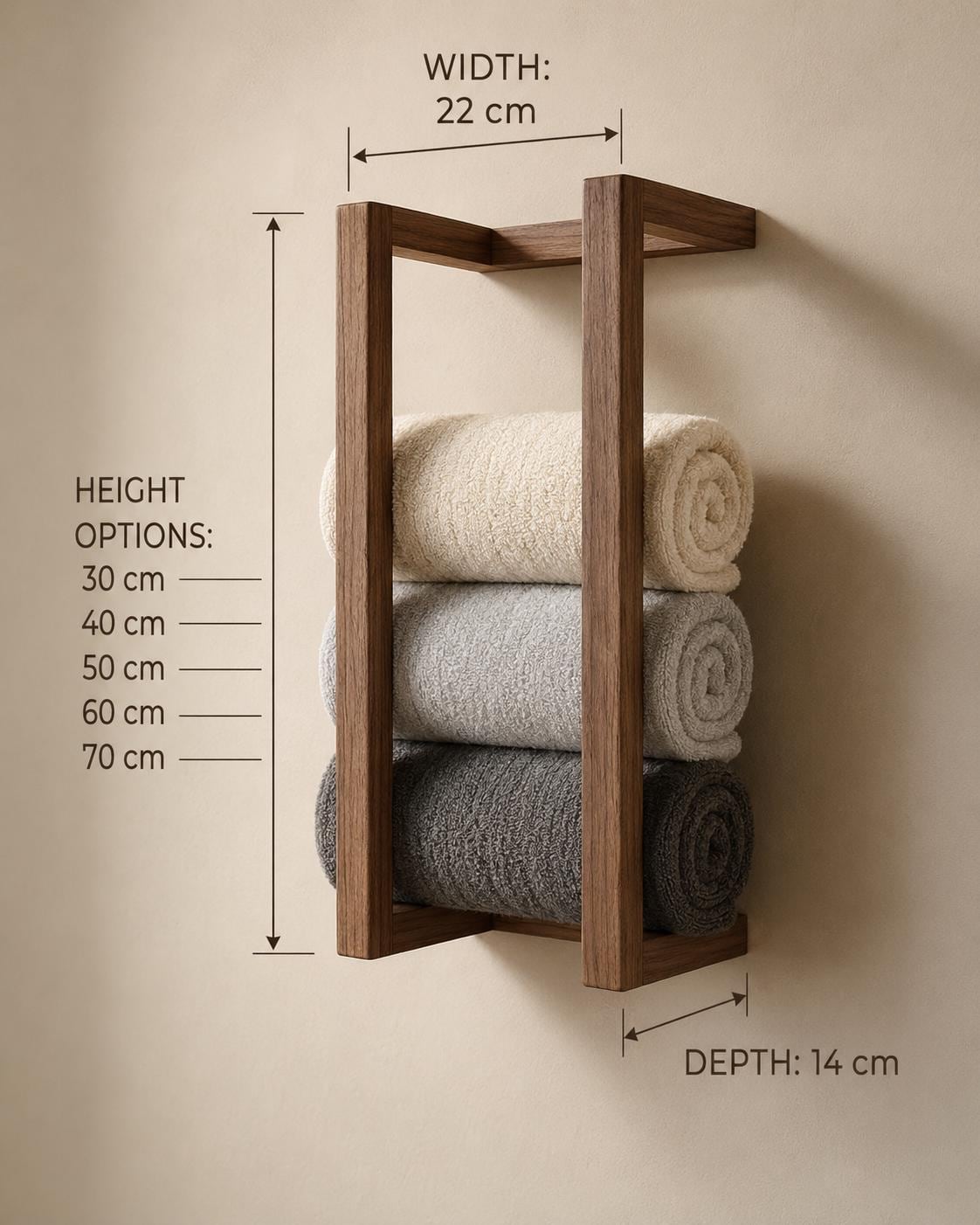 Walnut Wall Rack, Rolled Towel Holder, Handmade Minimal Bathroom Storage 3