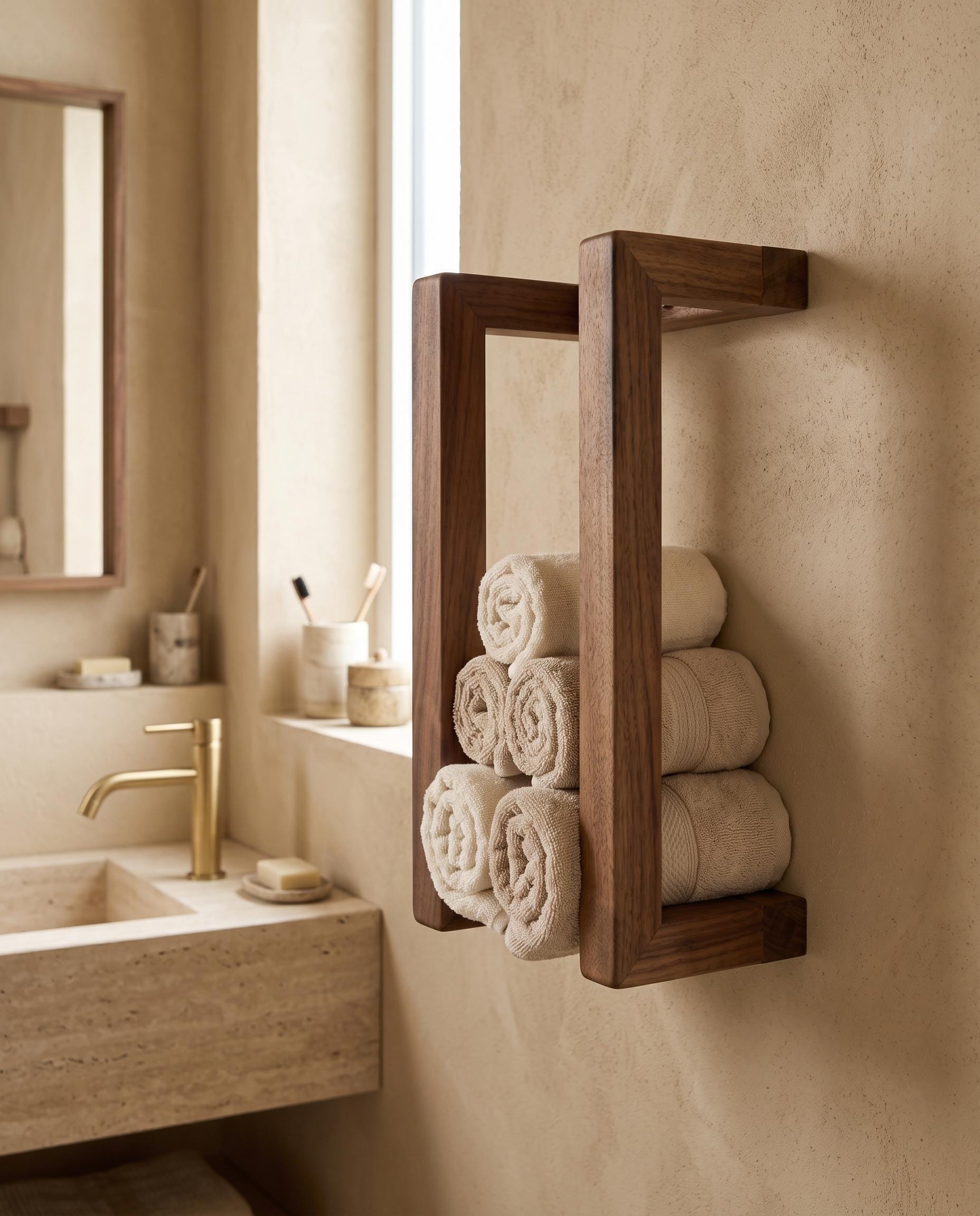 Walnut Wall Rack, Rolled Towel Holder, Handmade Minimal Bathroom Storage 4