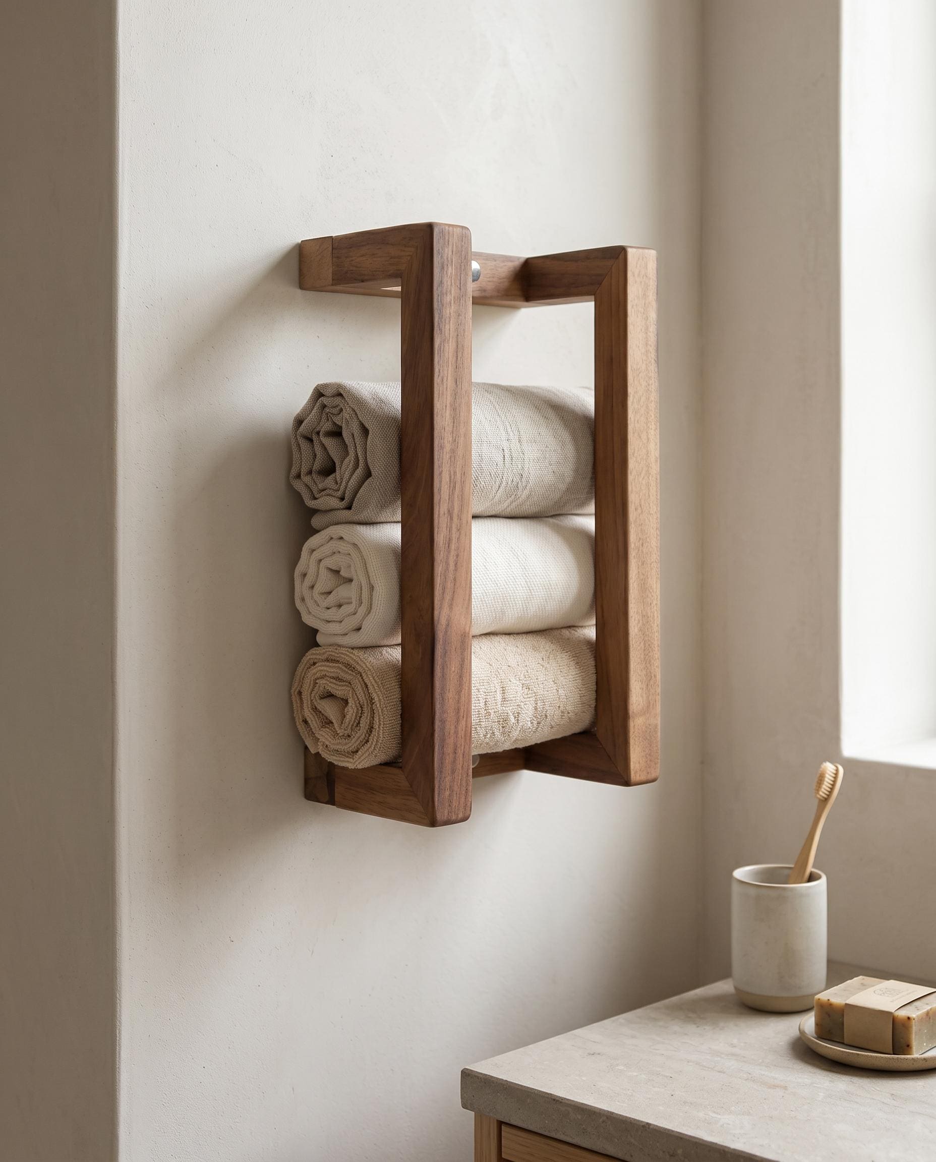 Walnut Wall Rack, Rolled Towel Holder, Handmade Minimal Bathroom Storage 5