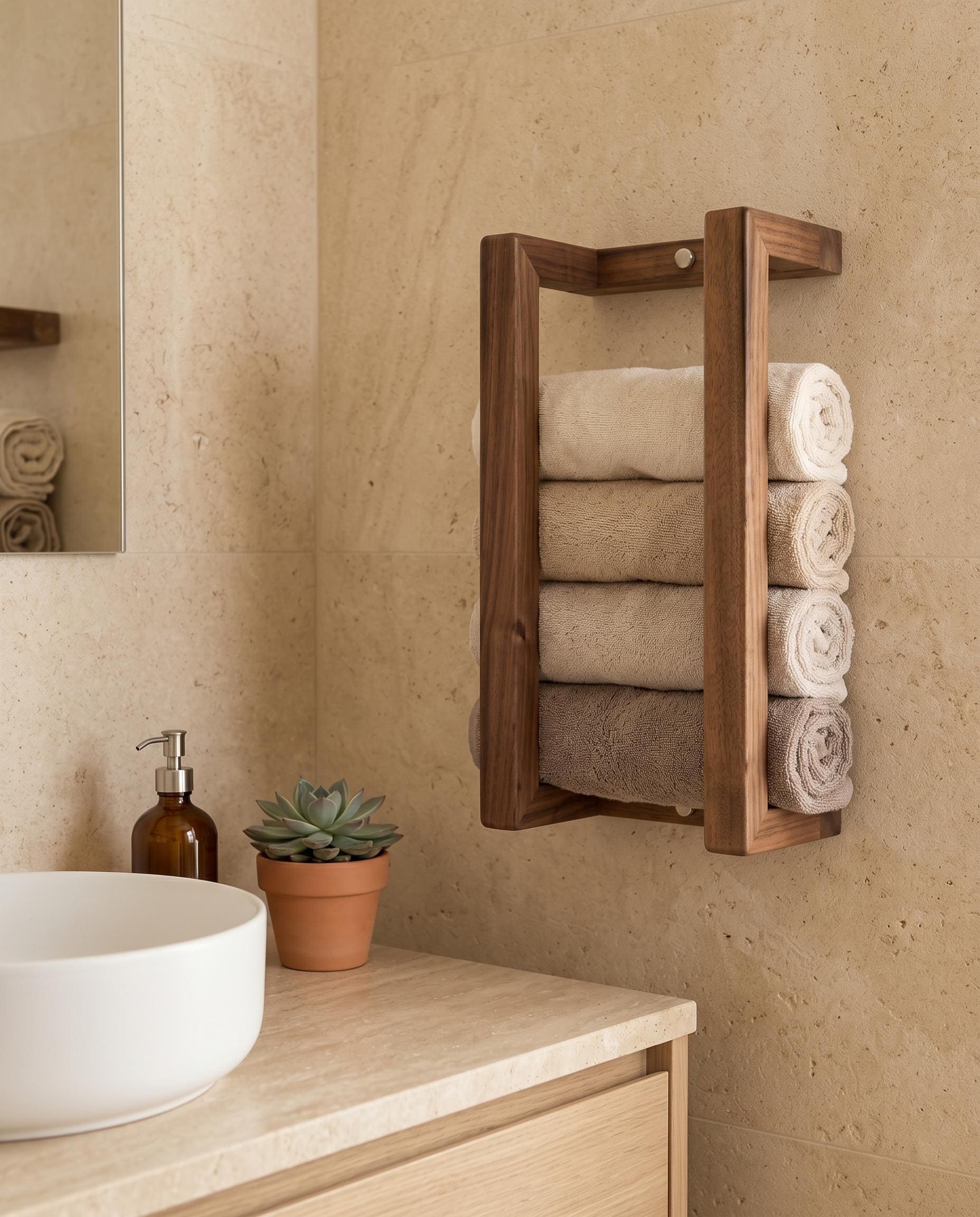 Walnut Wall Rack, Rolled Towel Holder, Handmade Minimal Bathroom Storage 6