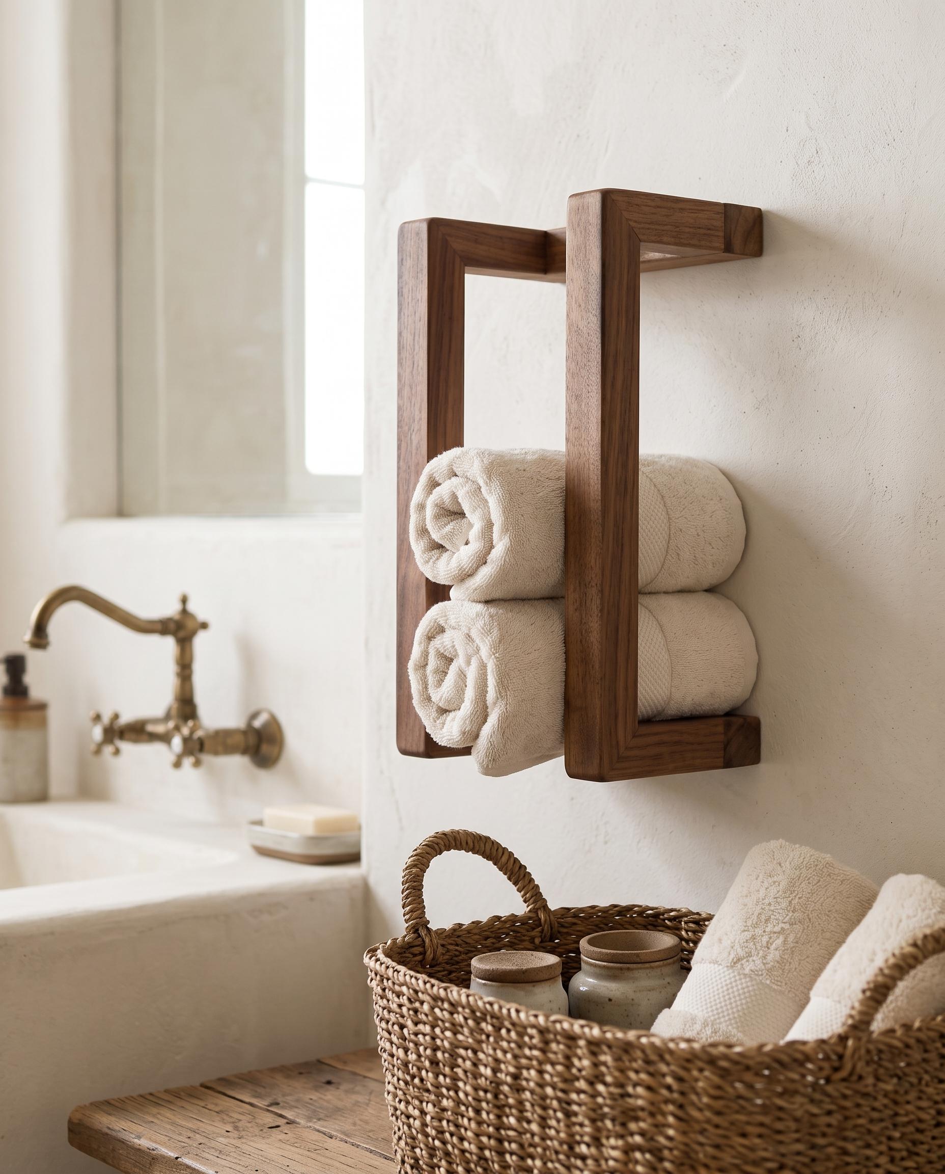 Walnut Wall Rack, Rolled Towel Holder, Handmade Minimal Bathroom Storage 7