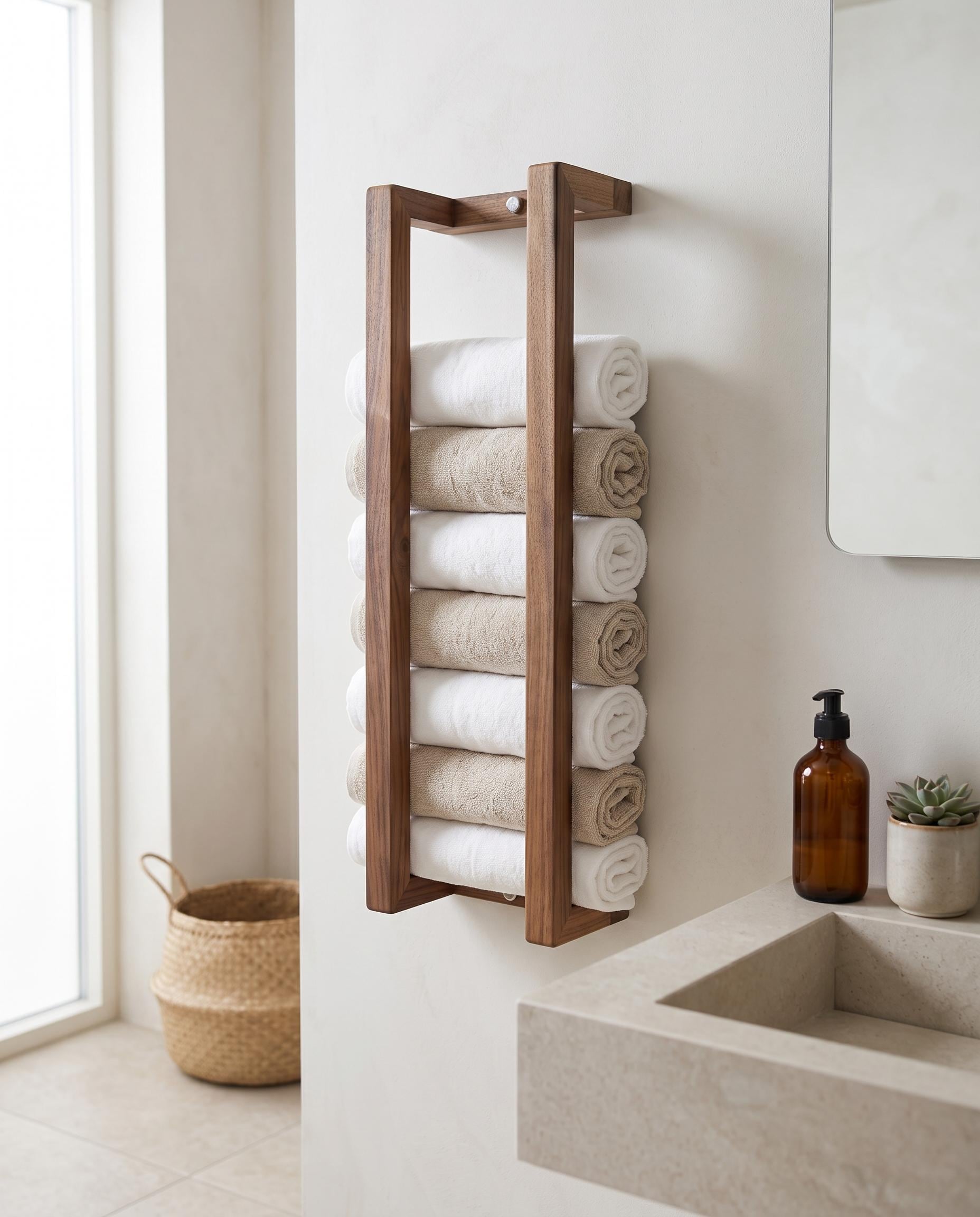 Walnut Wall Rack, Rolled Towel Holder, Handmade Minimal Bathroom Storage 8