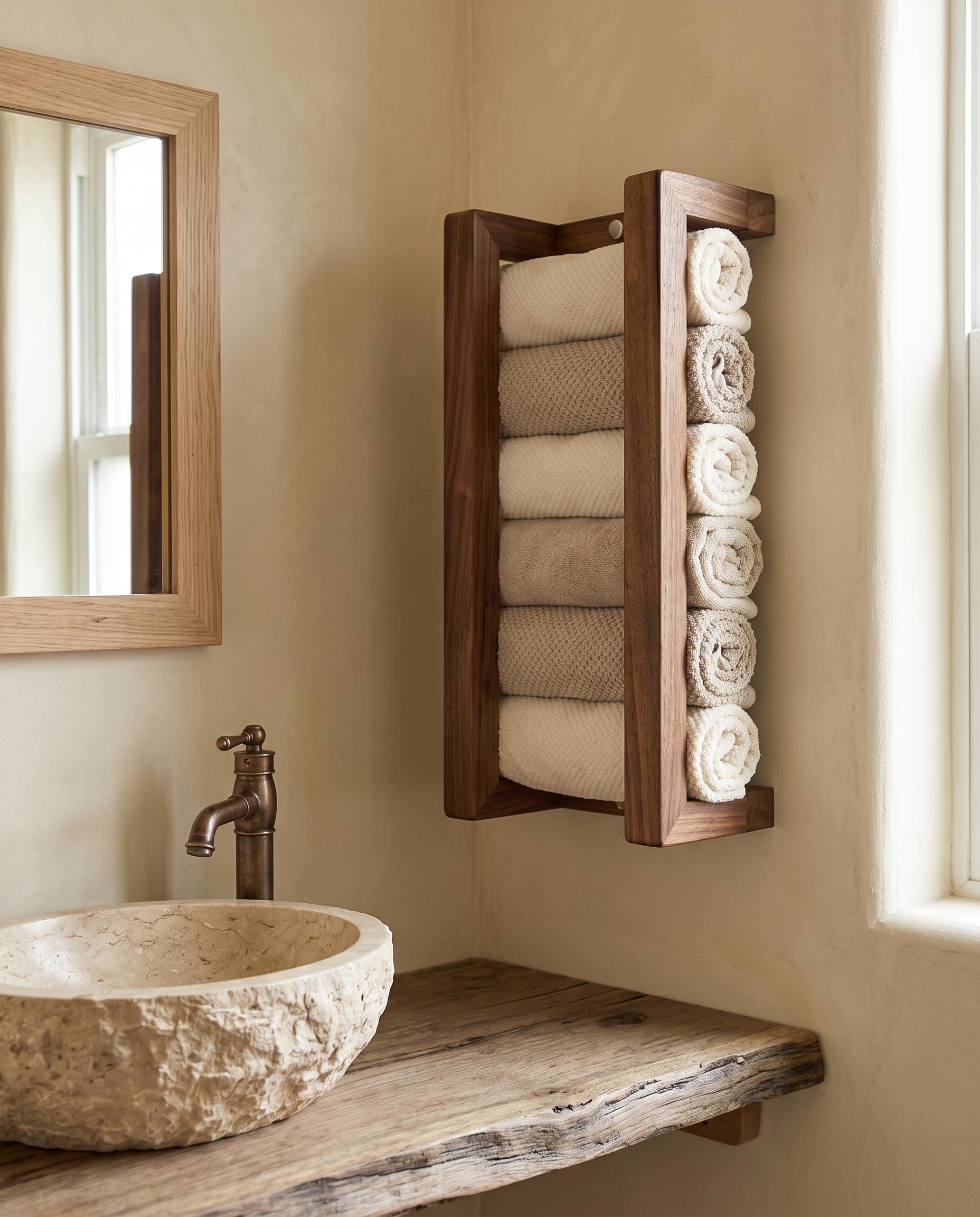 Walnut Wall Rack, Rolled Towel Holder, Handmade Minimal Bathroom Storage 9