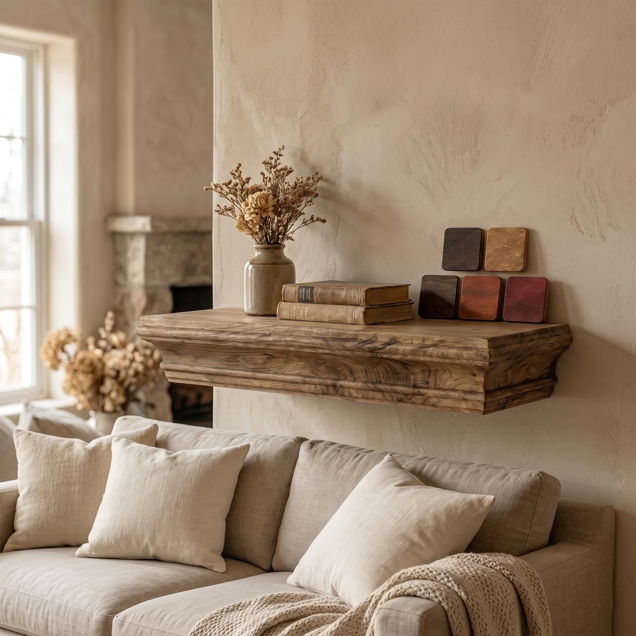 Fireplace Mantel Shelf, Floating Wood Wall Decor, Rustic Custom Length, Hidden French Cleat, Handmade 9